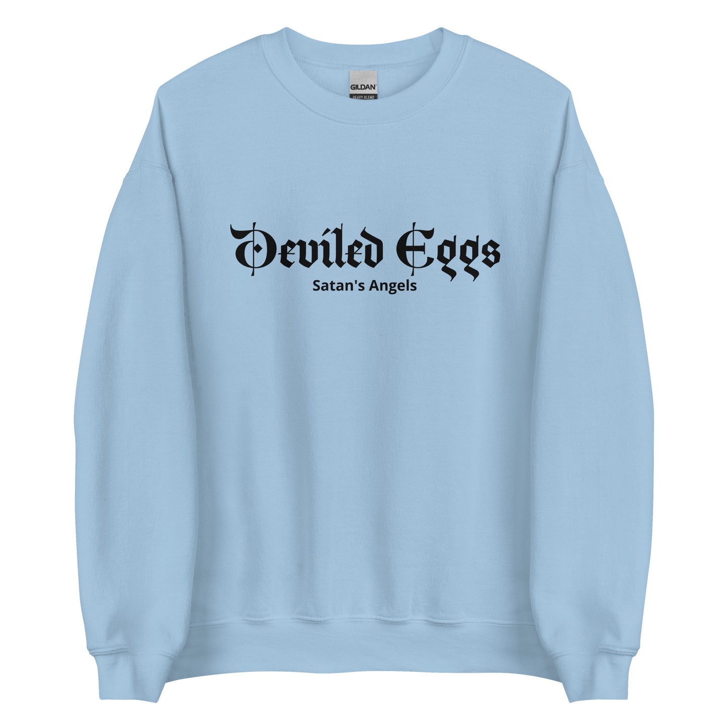 Light Blue Deviled Eggs Crewneck Sweatshirt from Nina's Funky Shop by ninanush - Do you love deviled eggs? Looking for a funny foodie gift? Our Deviled Eggs Crewneck Sweatshirt is soft, comfortable and just what you need. It's a unisex sweatshirt that comes in a variety of colors with "Deviled Eggs Satan's Angels", expertly printed on the front. A funny foodie sweatshirt for deviled egg enthusiasts and a quirky sweatshirt for everyday streetwear.