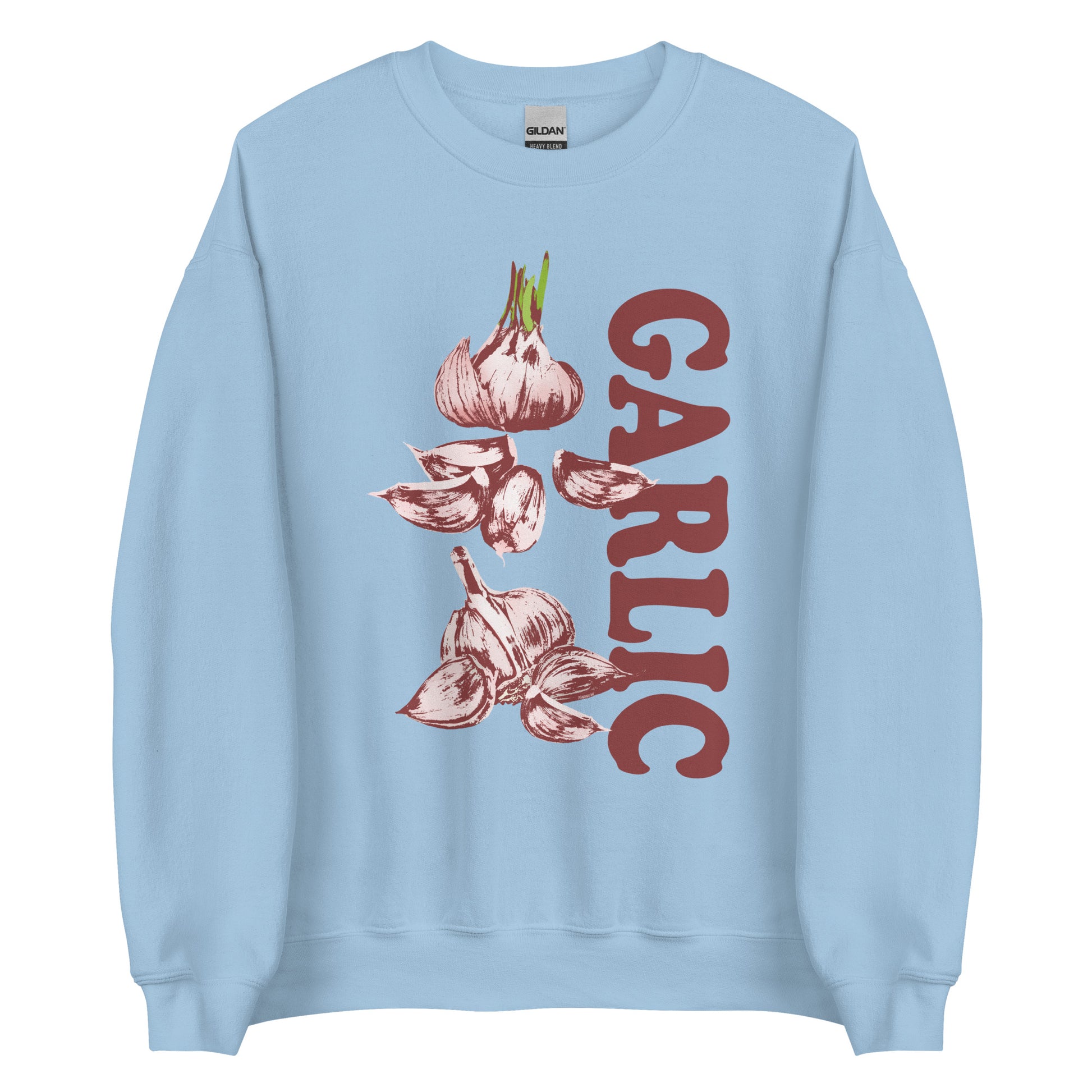 Light Blue Garlic Sweatshirt from Nina's Funky Shop by ninanush - Love garlic? Looking for a funky gift for garlic lovers? Our Garlic Crewneck Sweatshirt is soft, comfortable and just what you need. It's a unisex sweatshirt with a unique, hand drawn garlic design expertly printed on the front. A funny foodie sweatshirt for cozy nights in or stand out streetwear for garlic enthusiasts.