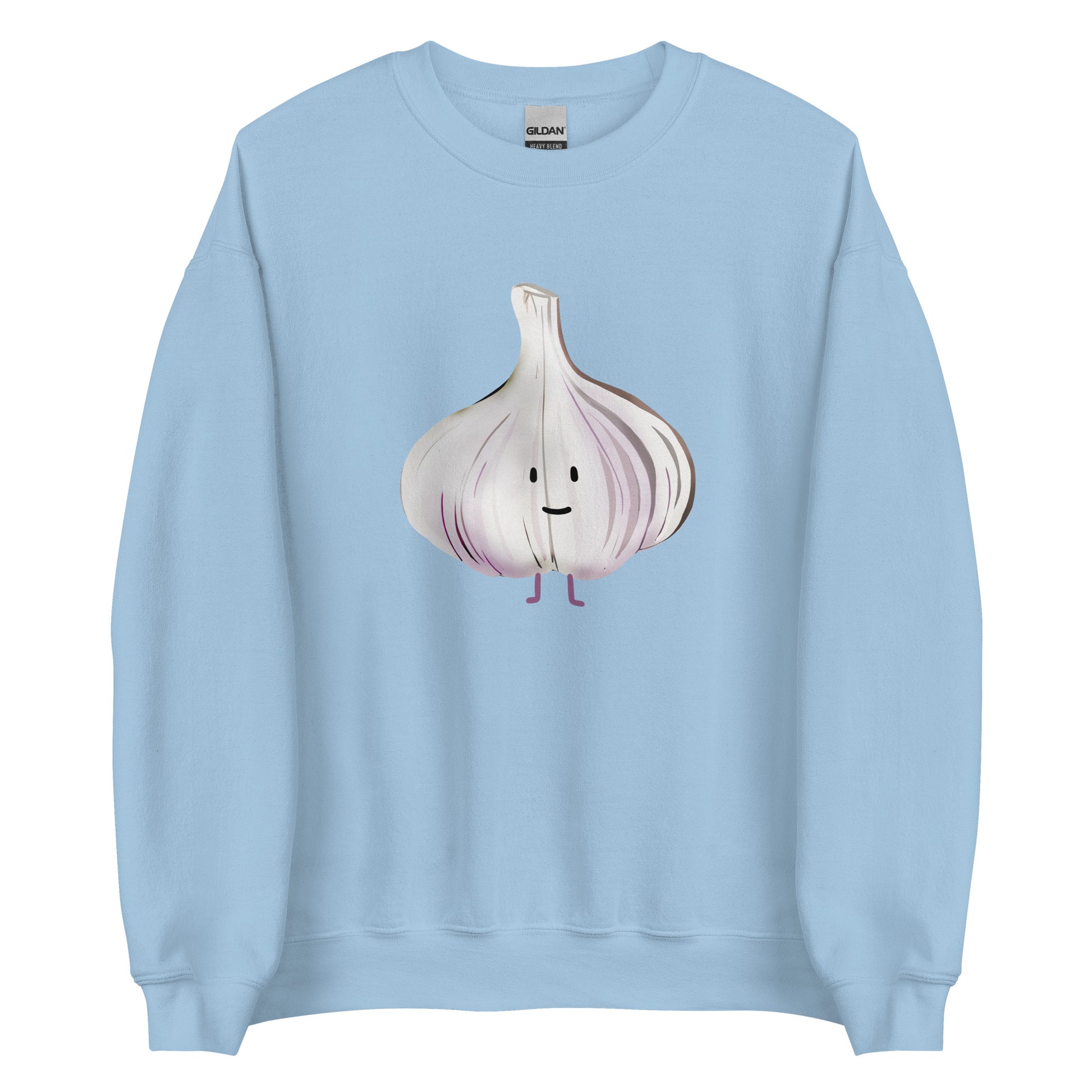 Light Blue Garlic Sweatshirt from Nina's Funky Shop by ninanush - Love garlic? Looking for a funky gift for a garlic lover? Our Cute Garlic Crewneck Sweatshirt is soft, comfortable and just what you need. It's a unisex sweatshirt with a unique, hand drawn garlic design, expertly printed on the front. Perfect for cozy nights in or stand out streetwear for garlic enthusiasts.