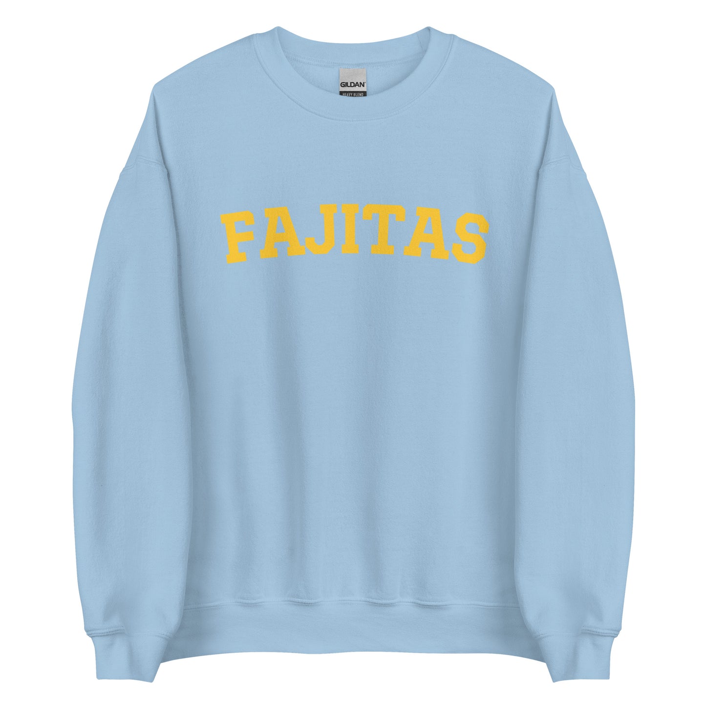 Light Blue Fajitas Sweatshirt from Nina's Funky Shop - Love fajitas? Looking for a funny gift? Our Fajitas Crewneck Sweatshirt is soft, comfortable and just what you need for an effortless everyday look. It's a unisex sweatshirt that comes in a variety of colors with "fajitas", expertly printed on the front. The perfect cozy and funny fajita academy sweatshirt for foodies.