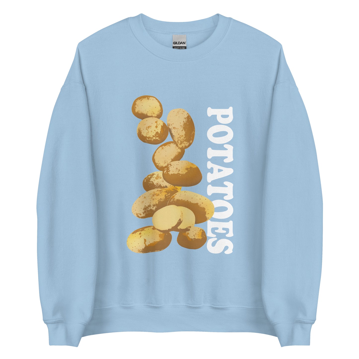 Light Blue  sweatshirt with potatoes design - Love Potatoes? Looking for a unique gift for a fellow potato enthusiast? This unisex sweatshirt is warm, super soft and cozy, and made just for you. It comes in a variety of colors with a hand drawn potatoes design by Nina, expertly printed on the front.