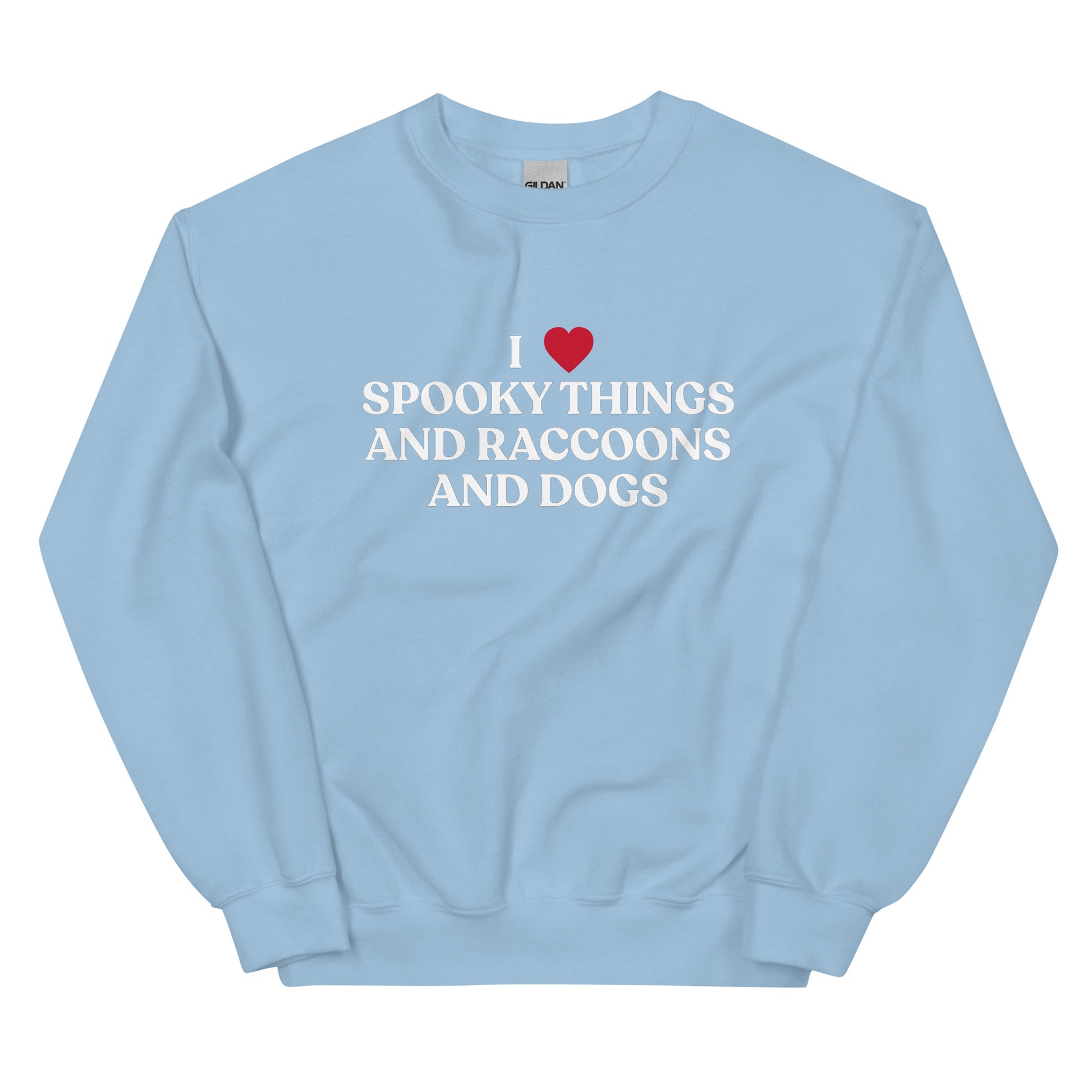 Light Blue Halloween Sweatshirt - Our I Heart Spooky Things Raccoons and Dogs Sweatshirt is super soft and cozy. It comes in a variety of colors with a funny spooky season saying, expertly printed on the front. Make a statement in this funny Halloween crewneck sweatshirt.