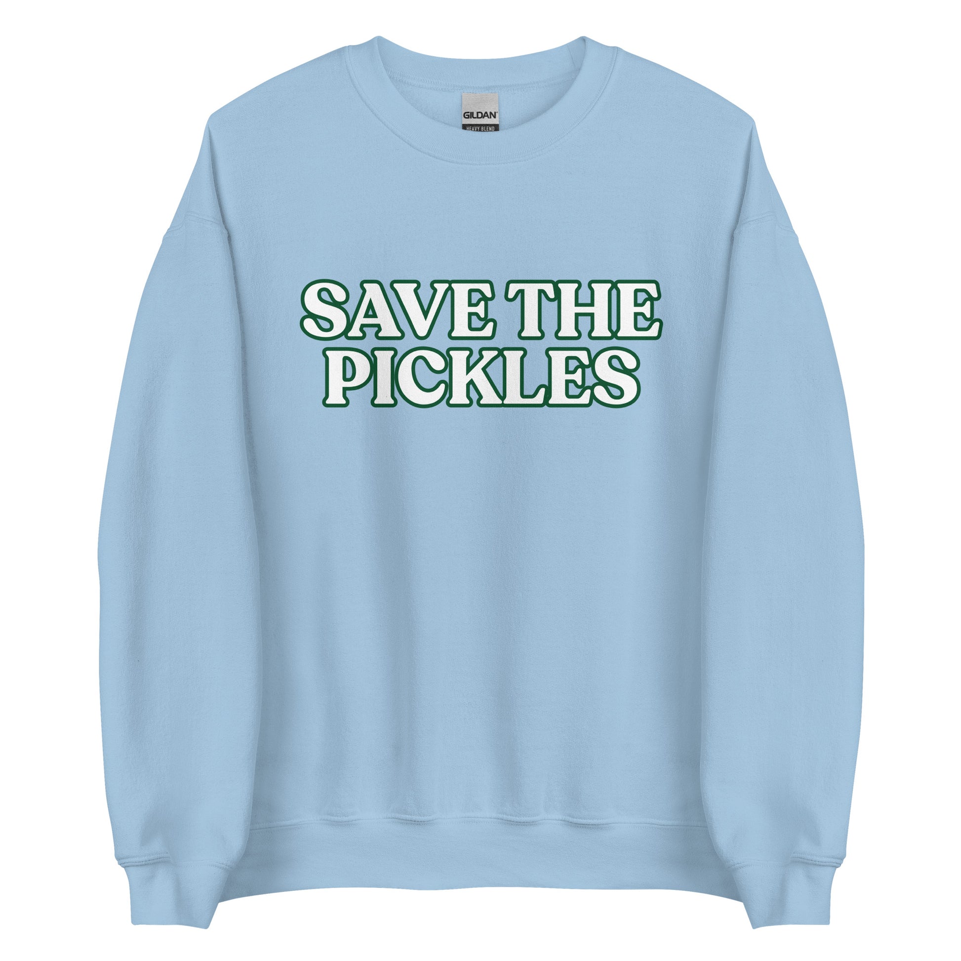 Light Blue Save The Pickles Sweatshirt - Love pickles? Looking for a gift for a pickle lover? Our Save The Pickles Crewneck Sweatshirt might be just what you need! It's a soft and cozy sweatshirt with a pickle design, made just for you.