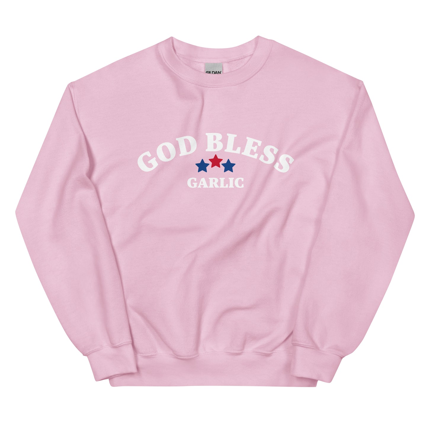 Light pink crew neck sweatshirt with red, white and blue garlic lover design - This sarcastic foodie sweatshirt is made for garlic enthusiasts! It's a classic crew neck garlic lover sweatshirt with the words "God Bless Garlic" on the front. Designed for food lovers, this funny food sweatshirt is perfect for cozy nights, 4th of July BBQs, or a funny gift for garlic lovers and foodies of all kinds.