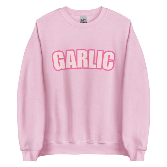 Light Pink Garlic Sweatshirt from Nina's Funky Shop by ninanush - Our Pink Garlic Sweatshirt is a perfect funny foodie sweatshirt for garlic lovers. It's a unisex, crew neck sweatshirt with the word "Garlic", expertly printed on the front. Perfect for cozy nights in or stand out streetwear for foodies, this garlic enthusiast sweatshirt is designed by Nina and made just for you.