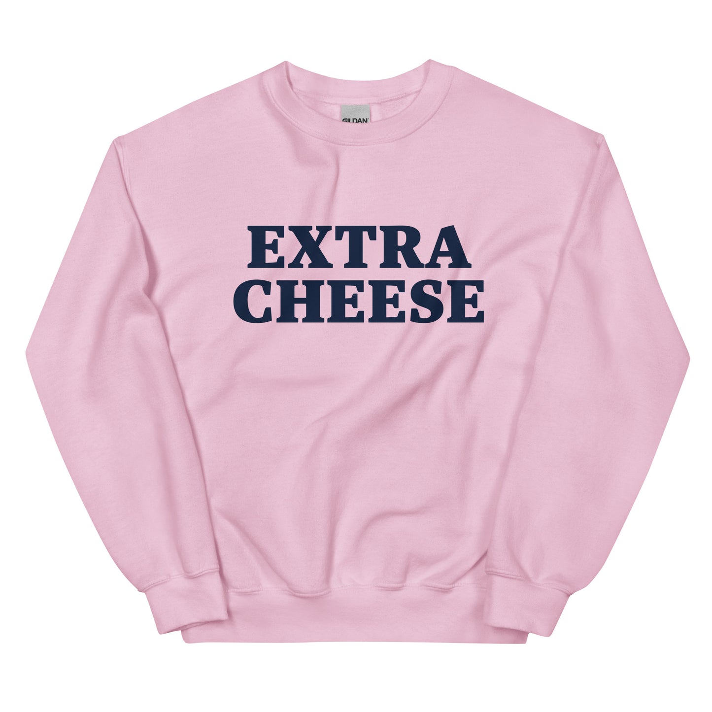 Light Pink Extra Cheese Sweatshirt from Nina's Funky Shop by ninanush - Love cheese? Want more? Make your priorities known in this Extra Cheese Sweatshirt. It's a funny foodie sweatshirt for cheese lovers. This unisex, crew neck sweatshirt comes in a variety of colors with "cheese", on the front. This college-style cheese enthusiast sweatshirt is designed by Nina and made just for you.