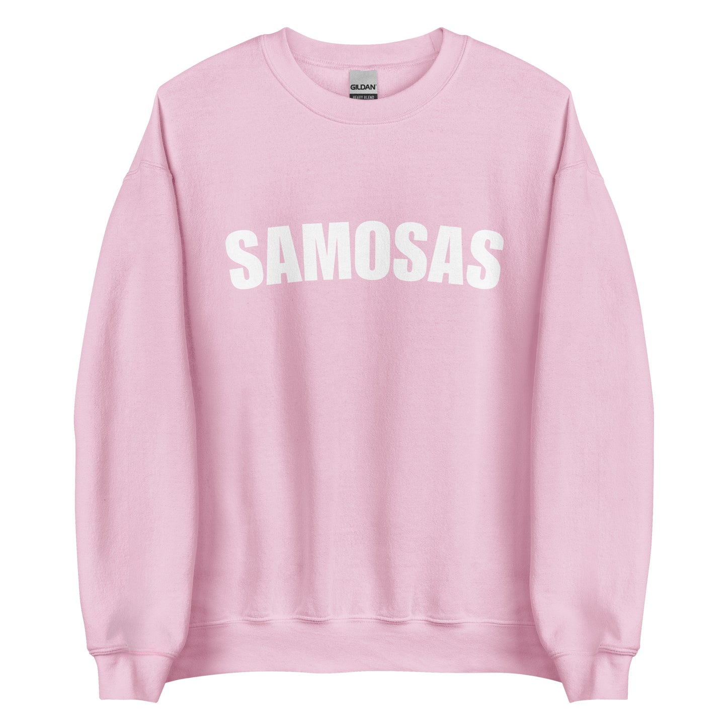 Light Pink Samosa Sweatshirt from Nina's Funky Shop by ninanush - Love samosas? Looking for a fun foodie gift? Our Samosa Sweatshirt is just what you need. Perfect for Indian cuisine lovers and foodies of all kinds, this sweatshirt has "Samosa", expertly printed on the front. A crewneck college-style foodie sweatshirt for Indian food enthusiasts and samosa lovers like you.