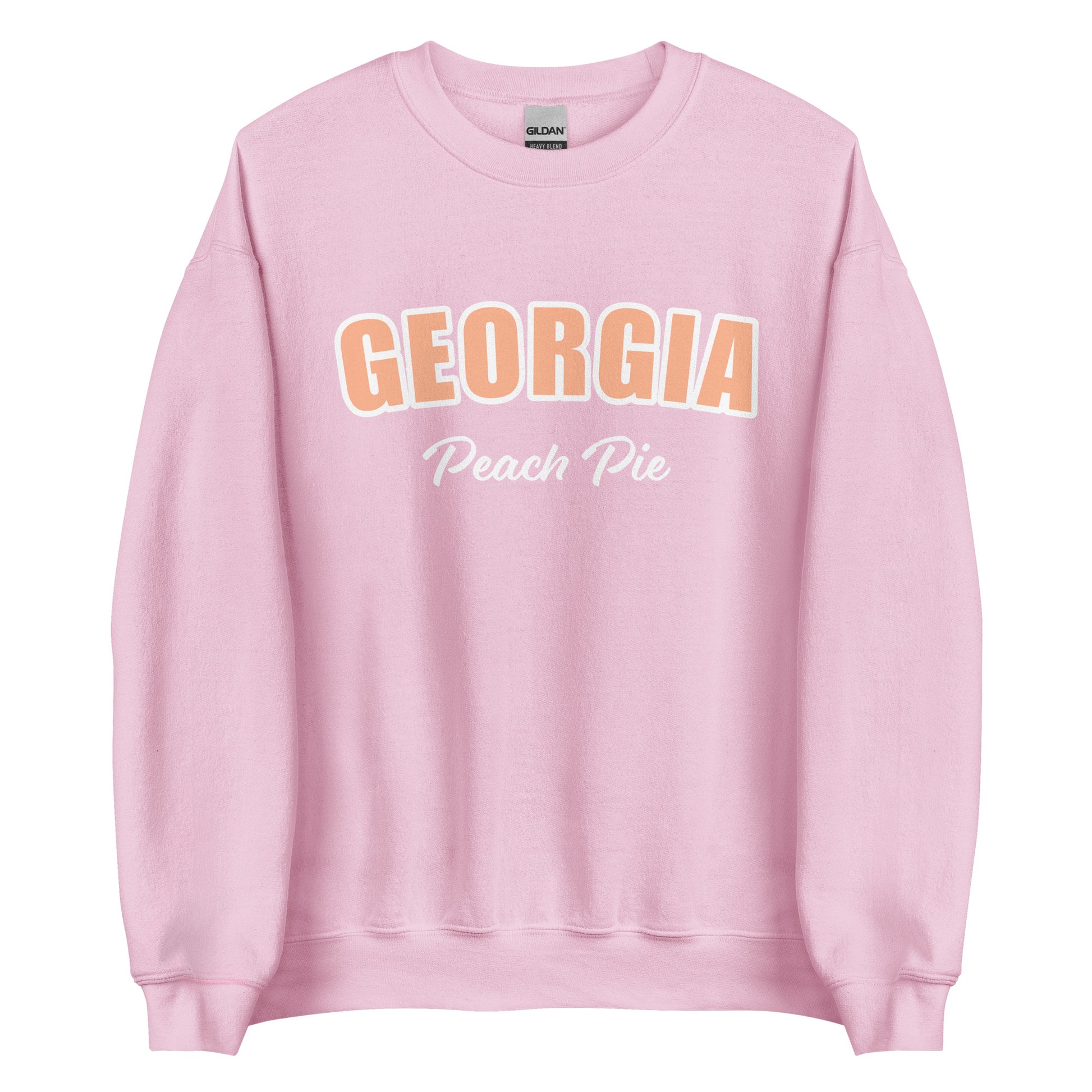 Light Pink Georgia Peach Pie Sweatshirt from Nina's Funky Shop by ninanush - Do you love peach pie? Our Georgia Peach Pie Sweatshirt is just what you need. It's a funny foodie sweatshirt for peach pie lovers like you. This unisex, crew neck sweatshirt comes in a variety of colors with the words "Georgia Peach Pie", expertly printed on the front. The perfect Sweatshirt for peach pie enthusiasts.