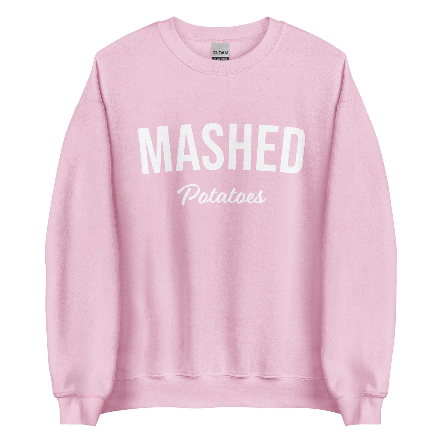 Light Pink Mashed Potatoes Sweatshirt from Nina's Funky Shop by ninanush - Do you love mashed potatoes? Looking for a fun potato lover gift? Our Mashed Potatoes Sweatshirt is just what you need. It's a unisex, varsity crew neck sweatshirt that comes in a variety of colors with "Mashed Potatoes" on the front. This mashed potato enthusiast sweatshirt is perfect funky streetwear for foodies.