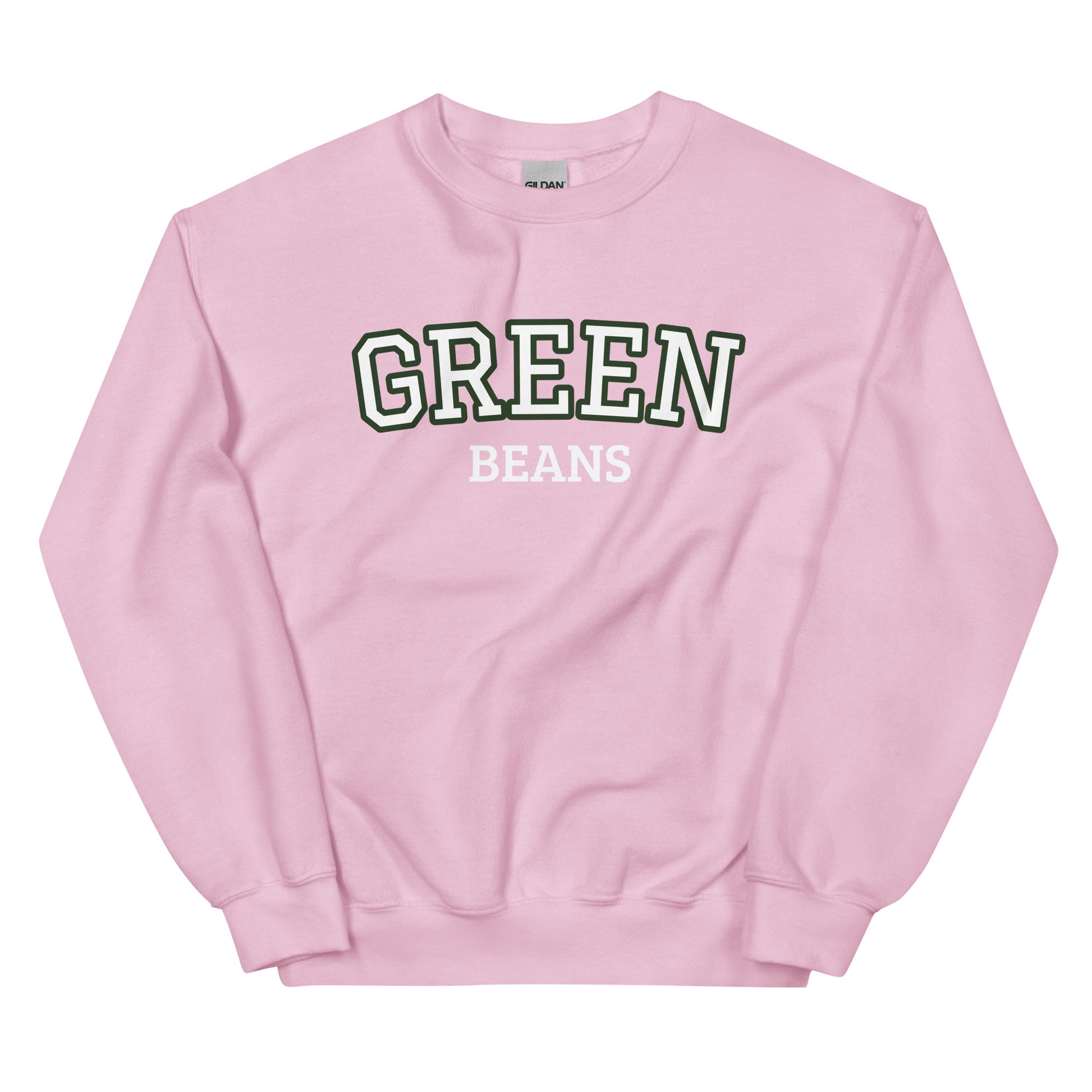 Light Pink Green Beans Sweatshirt from Nina's Funky Shop by ninanush - Love green beans? Looking for a funny food gift? Our Green Beans Sweatshirt is just what you need. It's a unisex, varsity crew neck sweatshirt with "Green Beans" on the front. A perfect funny foodie sweatshirt for cozy nights in or funky streetwear, this veggie enthusiast sweatshirt is designed by Nina, just for you.