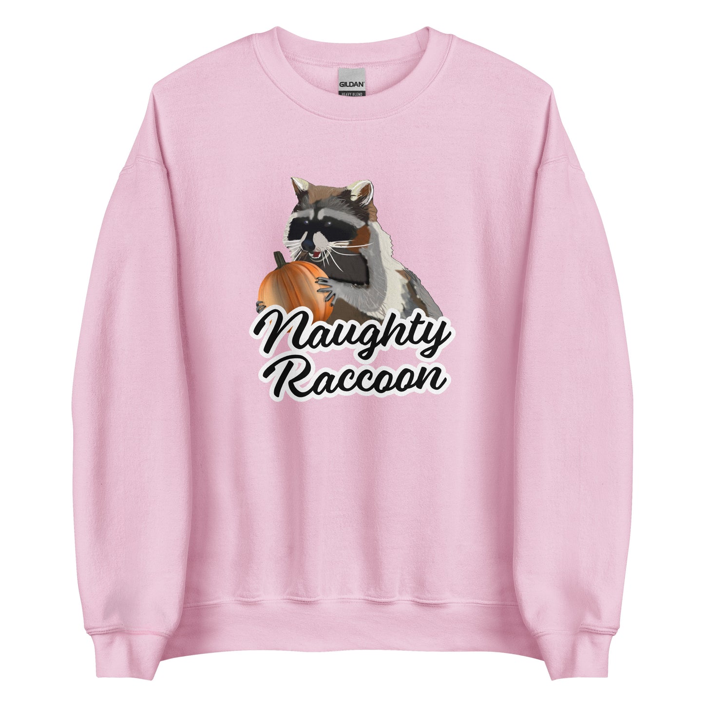 Light Pink Naughty Raccoon Pumpkin Sweatshirt from Nina's Funky Shop by ninanush - Love raccoons? Looking for a fun raccoon lover gift? Our Naughty Raccoon Sweatshirt is soft, comfortable and just what you need. It's a unisex, crew neck sweatshirt with a raccoon holding a pumpkin and "Naughty Raccoon", expertly printed on the front. Stand out this spooky season in our funny Raccoon Sweatshirts.