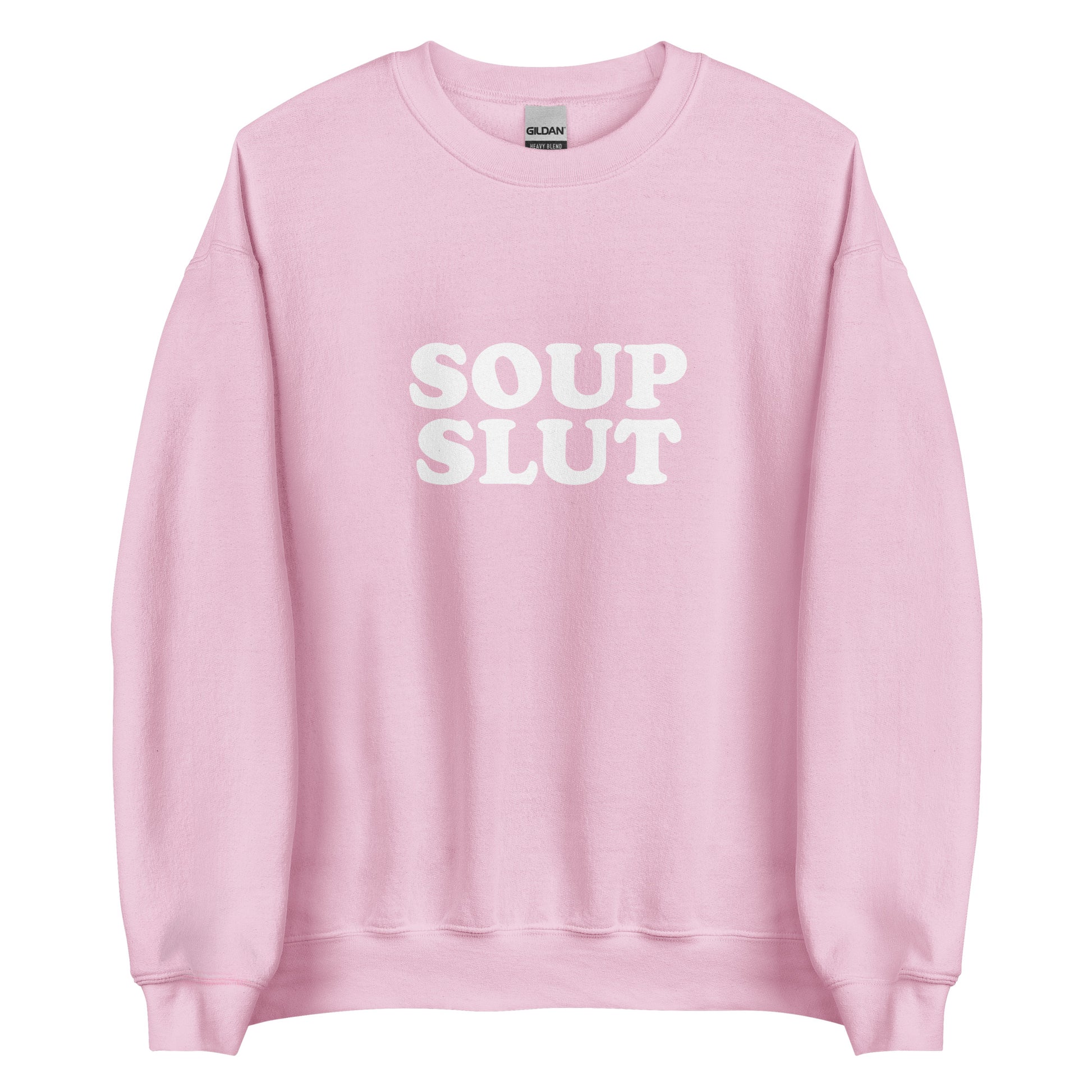 Light Pink  soup slut sweatshirt from Nina's Funky Shop by ninanush - Do you love soup? Looking for a funny gift for a friend? Our Soup Slut Sweatshirt is soft, comfortable and just what you need. It's a unisex foodie sweatshirt that comes in a variety of colors with "soup slut", expertly printed on the front. A perfect funny foodie sweatshirt for cozy nights in or stand out soup lover streetwear.