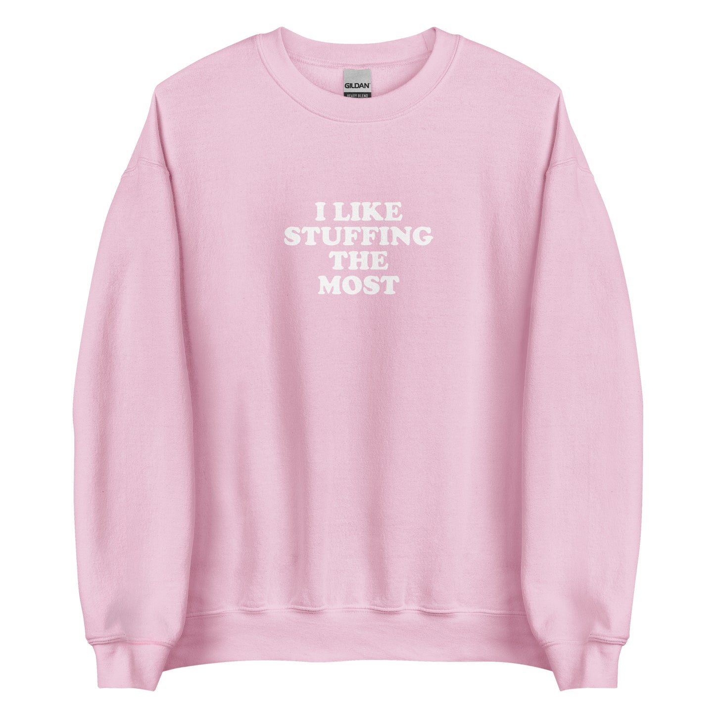 Light Pink I Like Stuffing the Most Sweatshirt from Nina's Funky Shop by ninanush - Do you love stuffing? Looking for a funny thanksgiving gift? Our I Like Stuffing The Most Crew Neck Sweatshirt is soft, comfortable and just what you need. It's a unisex foodie sweatshirt that comes in a variety of colors with "I Like Stuffing The Most", expertly printed on the front. A funny foodie sweatshirt for cozy nights in or stand out stuffing lover streetwear.