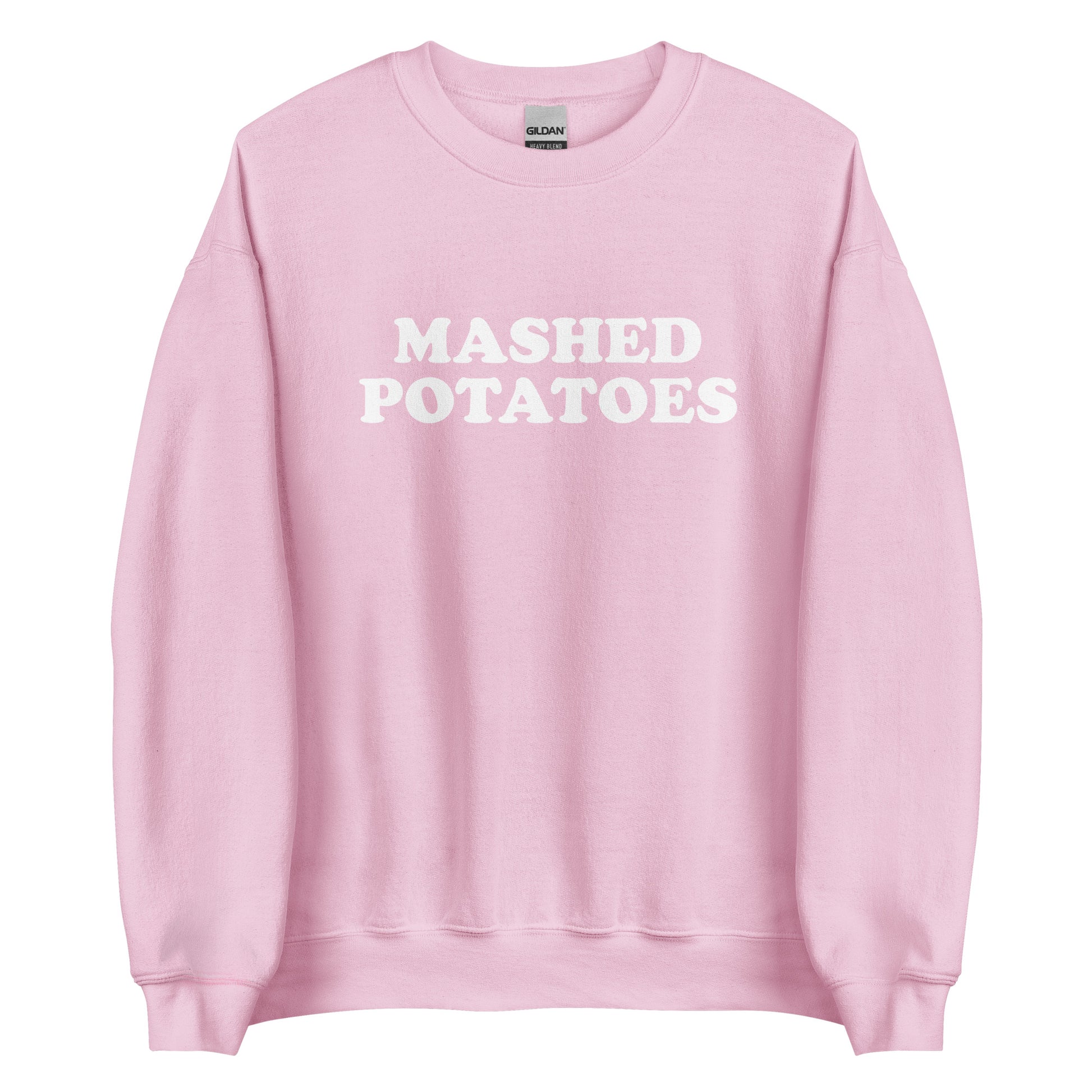 Light Pink Mashed Potatoes Sweatshirt from Nina's Funky Shop by ninanush - Do you love mashed potatoes? Looking for a funny gift? Our Mashed Potatoes Crew Neck Sweatshirt is soft, comfortable and just what you need. It's a unisex foodie sweatshirt that comes in a variety of colors with "Mashed Potatoes", expertly printed on the front. A perfect funny foodie sweatshirt for cozy nights in or stand out potato lover streetwear, this mashed potato enthusiast sweatshirt is bold and made just for you.