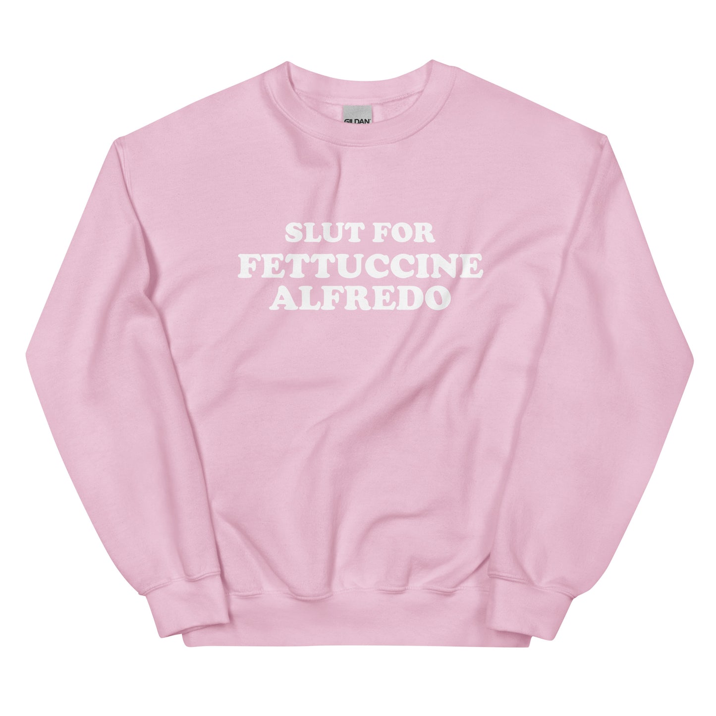 Light Pink Slut for Fettuccine Alfredo Sweatshirt from Nina's Funky Shop by ninanush - Do you love fettuccine Alfredo? Looking for a funny gift for a friend? Our Slut For Fettuccine Alfredo Crew Neck Sweatshirt is soft, comfortable and just what you need. A perfect funny foodie sweatshirt for cozy nights in or stand out fettuccine lover streetwear, this pasta enthusiast sweatshirt is bold and made just for you.