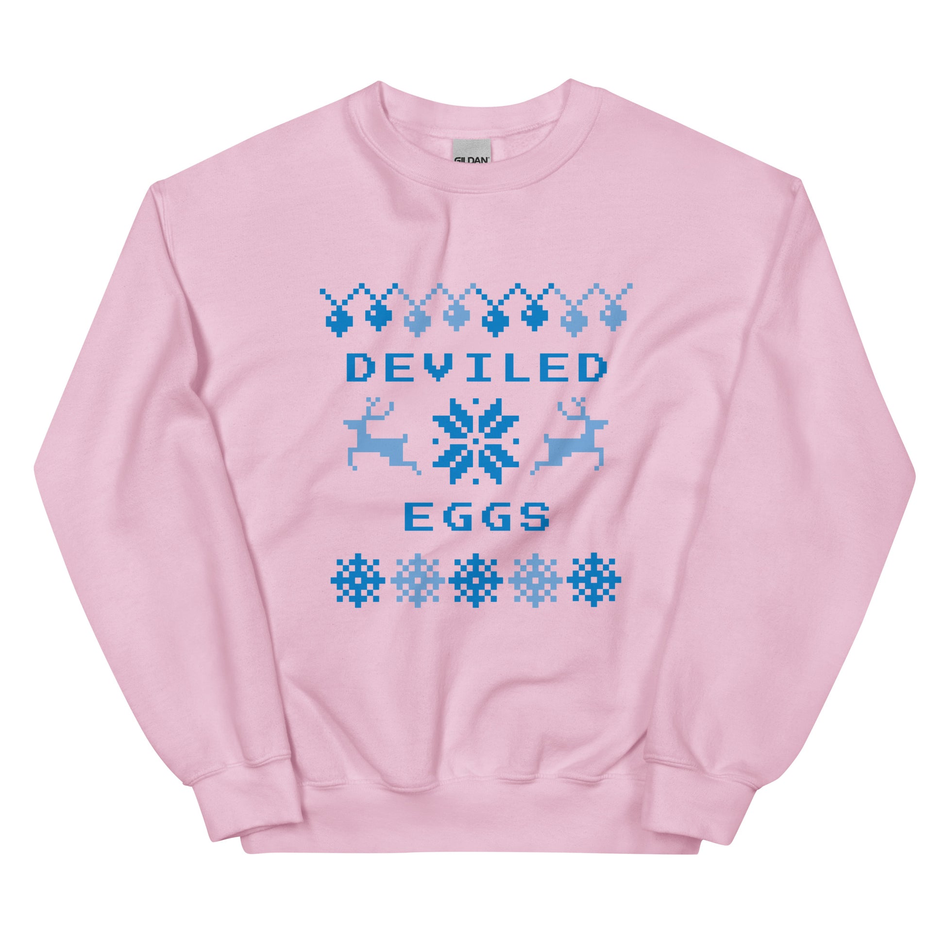 Light Pink Deviled Eggs Christmas Sweatshirt from Nina's Funky Shop by ninanush - Do you love deviled eggs? Looking for a funny Christmas sweatshirt? Our Slut Deviled Eggs Christmas Crew Neck Sweatshirt is soft, comfortable and just what you need. It's a unisex holiday sweatshirt with "Deviled Eggs" and a Christmas pattern. A funny Christmas sweatshirt for a holiday party or a cozy night in.