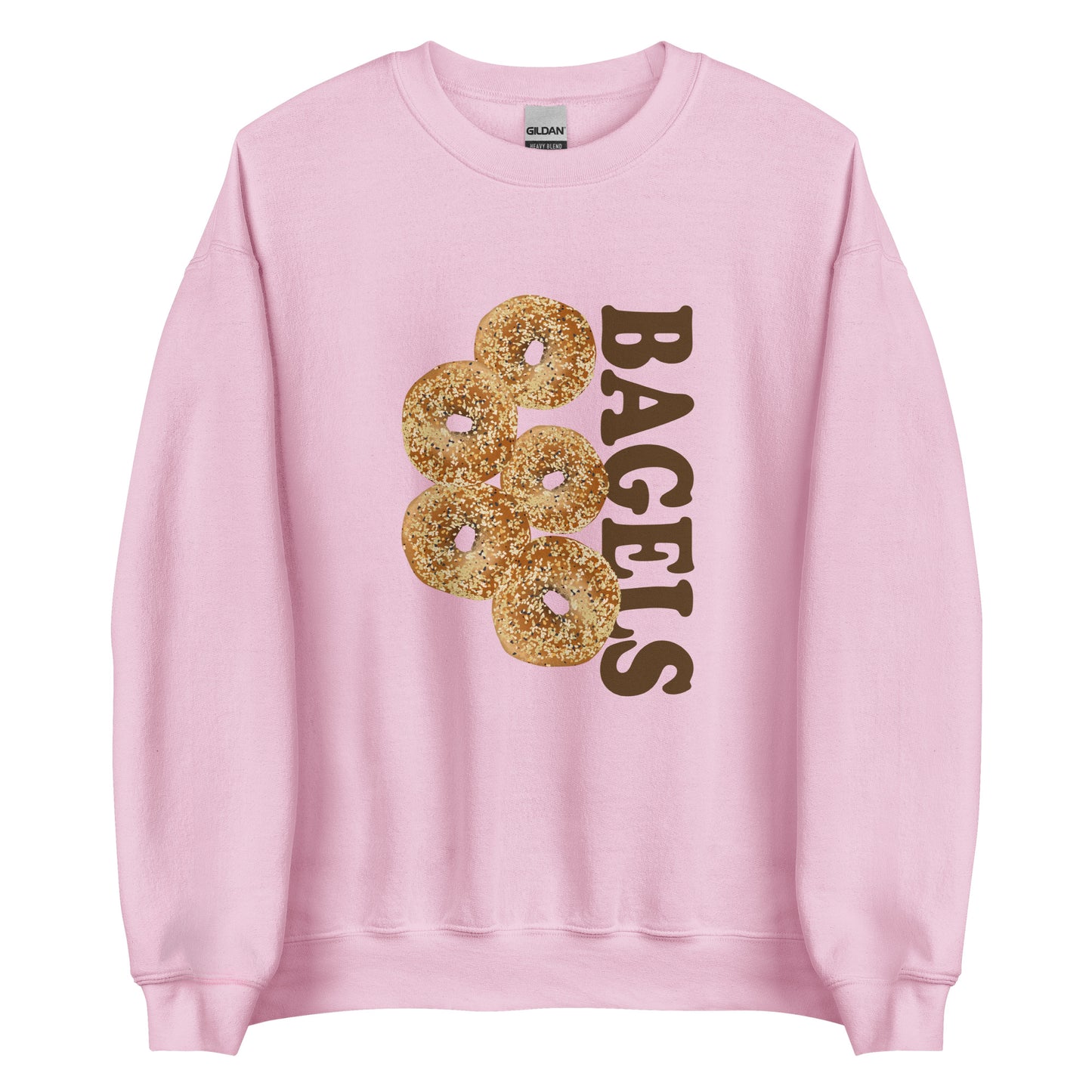 Light Pink Everything Bagels Sweatshirt from Nina's Funky Shop by ninanush - Do you love bagels? Looking for a funny gift? Our Bagels Crew Neck Sweatshirt is soft, comfortable and just what you need. It's a unisex foodie sweatshirt that comes in a variety of colors with everything bagels, expertly printed on the front. A funny foodie sweatshirt for cozy nights in or statement bagel lover streetwear.