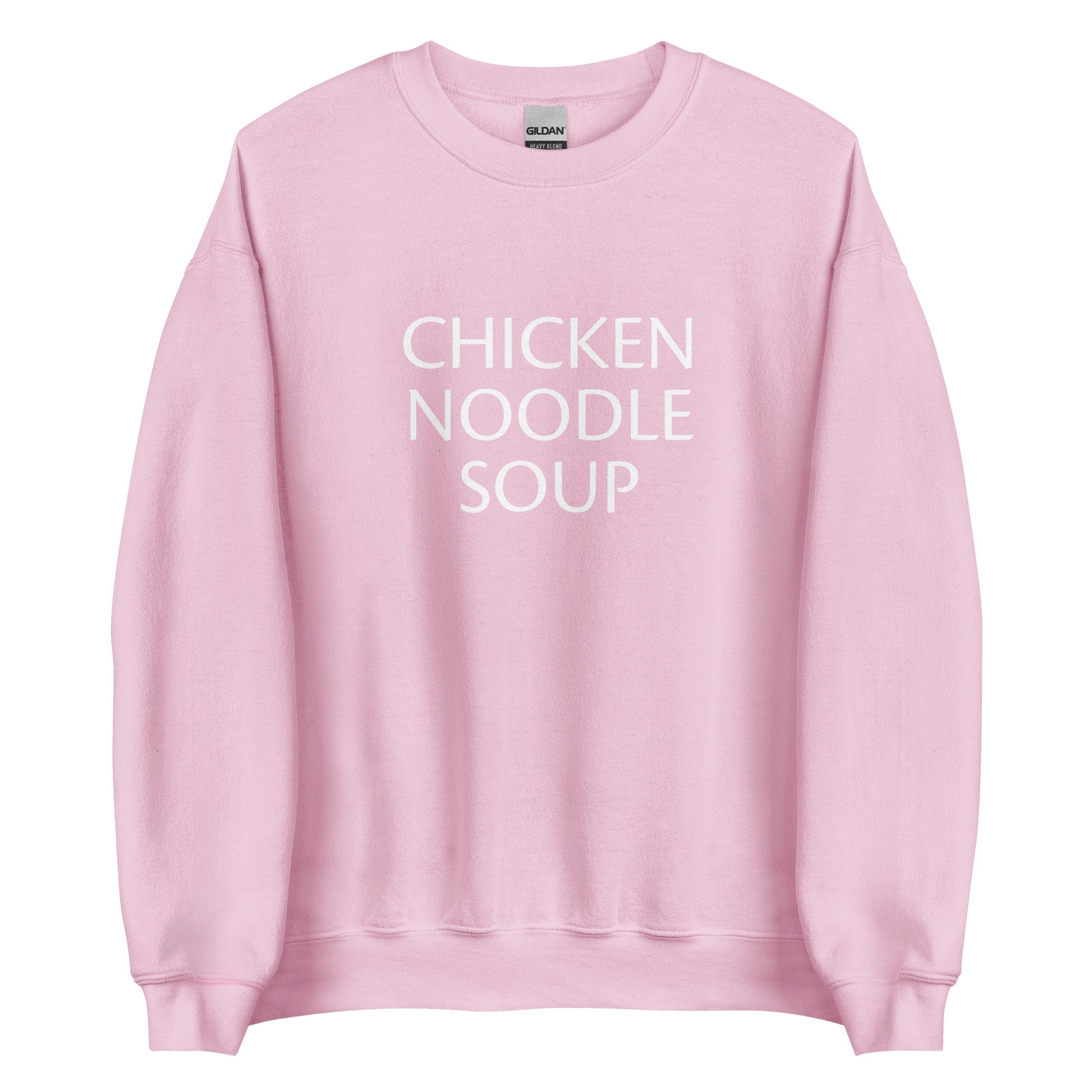 Light Pink Chicken Noodle Soup Sweatshirt from Nina's Funky Shop by ninanush - Do you love soup? Looking for a funny gift for a friend? Our Chicken Noodle Soup Crewneck Sweatshirt is soft, comfortable and just what you need. It's a unisex foodie sweatshirt that comes in a variety of colors with "Chicken Noodle Soup", expertly printed on the front. A perfect funny foodie sweatshirt for cozy nights in or stand out soup lover streetwear. This soup enthusiast sweatshirt is made just for you.