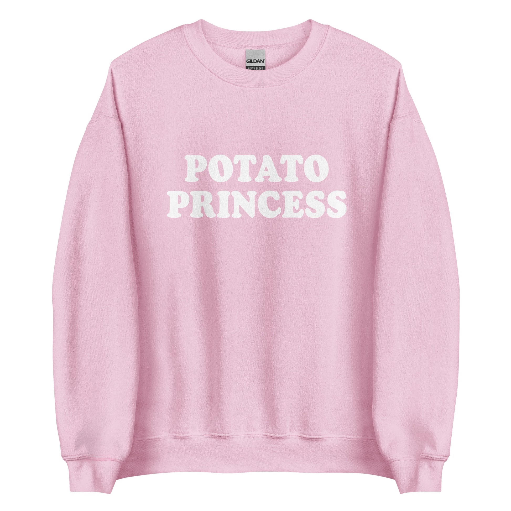 Light Pink potato princess crewneck sweatshirt from Nina's Funky Shop by ninanush - Do you love potatoes? Looking for a funny gift for a friend? Our Potato Crewneck Sweatshirt is just what you need. It's a unisex potato sweatshirt with "Potato Princess" on the front. A funny foodie sweatshirt for cozy nights in or stand out potato lover streetwear. This potato enthusiast sweatshirt is bold and made just for you.