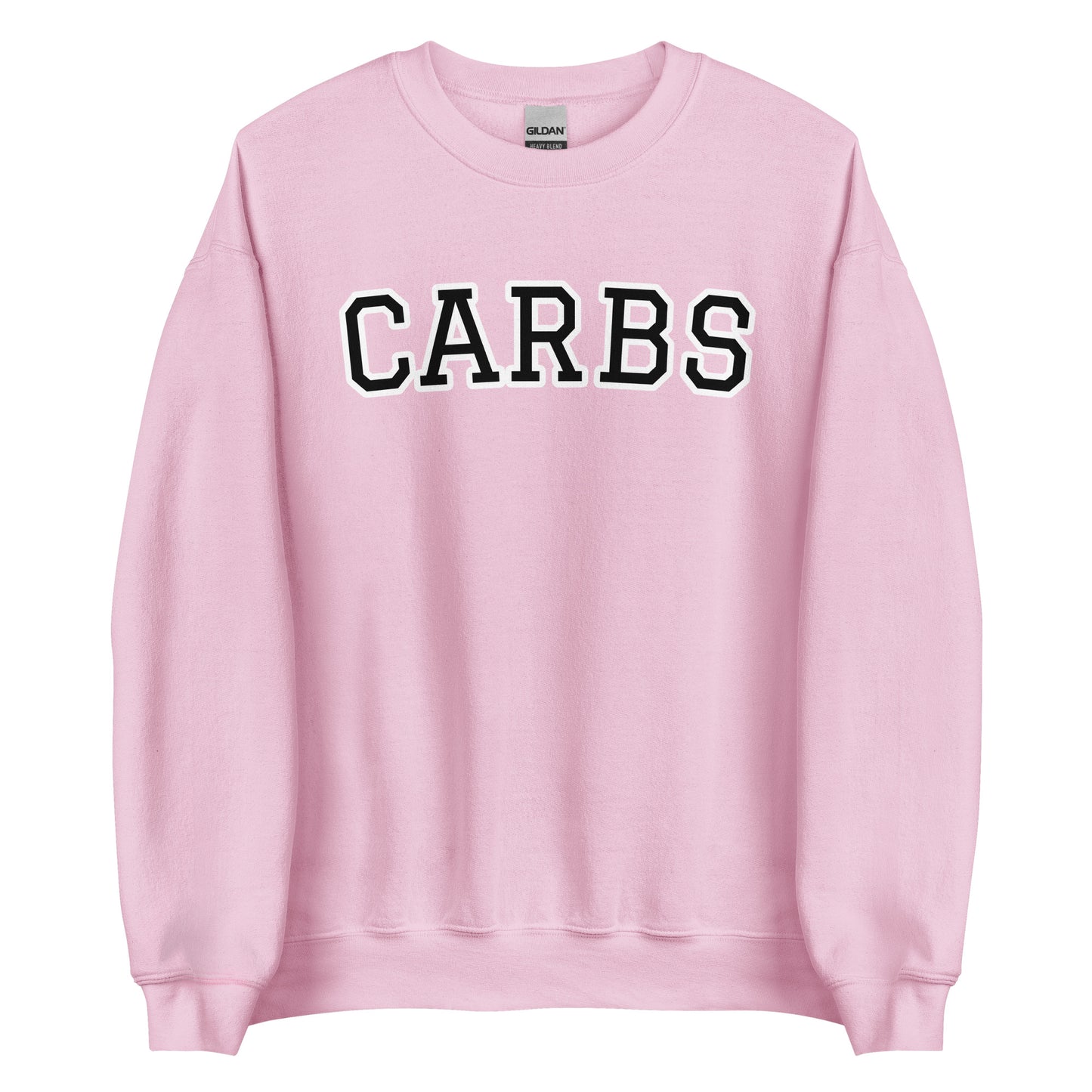 Light Pink Carb Sweatshirt from Nina's Funky Shop by ninanush - Do you love carbs? Looking for a funny foodie gift? Our Carbs Crewneck Sweatshirt is soft, comfortable and just what you need. It's a unisex food lover sweatshirt that comes in a variety of colors with "Carbs", expertly printed on the front in bold letters. A funny foodie sweatshirt or quirky streetwear for carb enthusiasts.