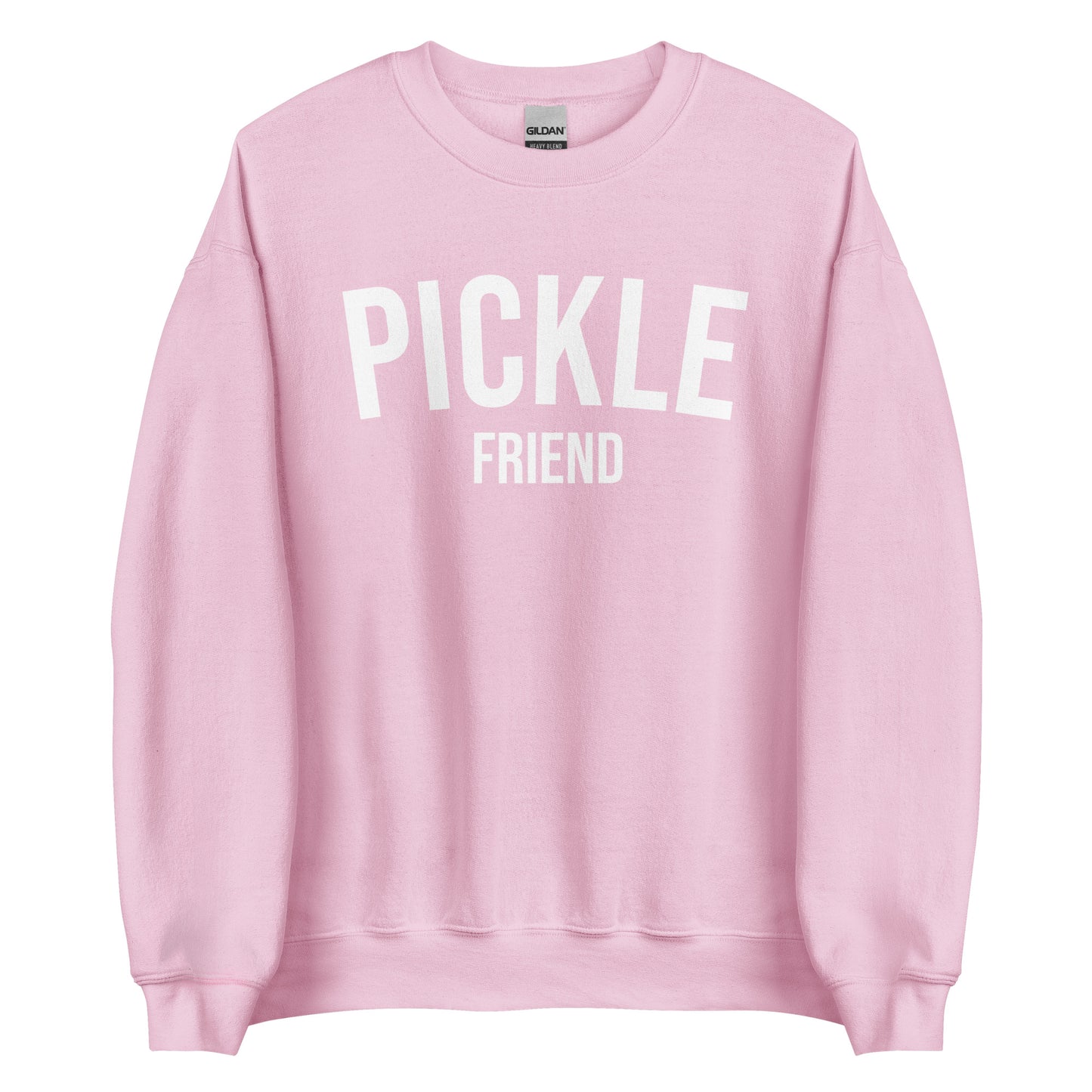 Light Pink Pickle Friend Sweatshirt from Nina's Funky Shop by ninanush - Love pickles? Looking for a funny pickle gift? Our Pickle Friend Crewneck Sweatshirt is just what you need. It's a unisex pickle sweatshirt with "Pickle Friend" on the front. A funny foodie sweatshirt or quirky streetwear for pickle lovers. This varsity style pickle sweatshirt is designed by Nina and made just for you.