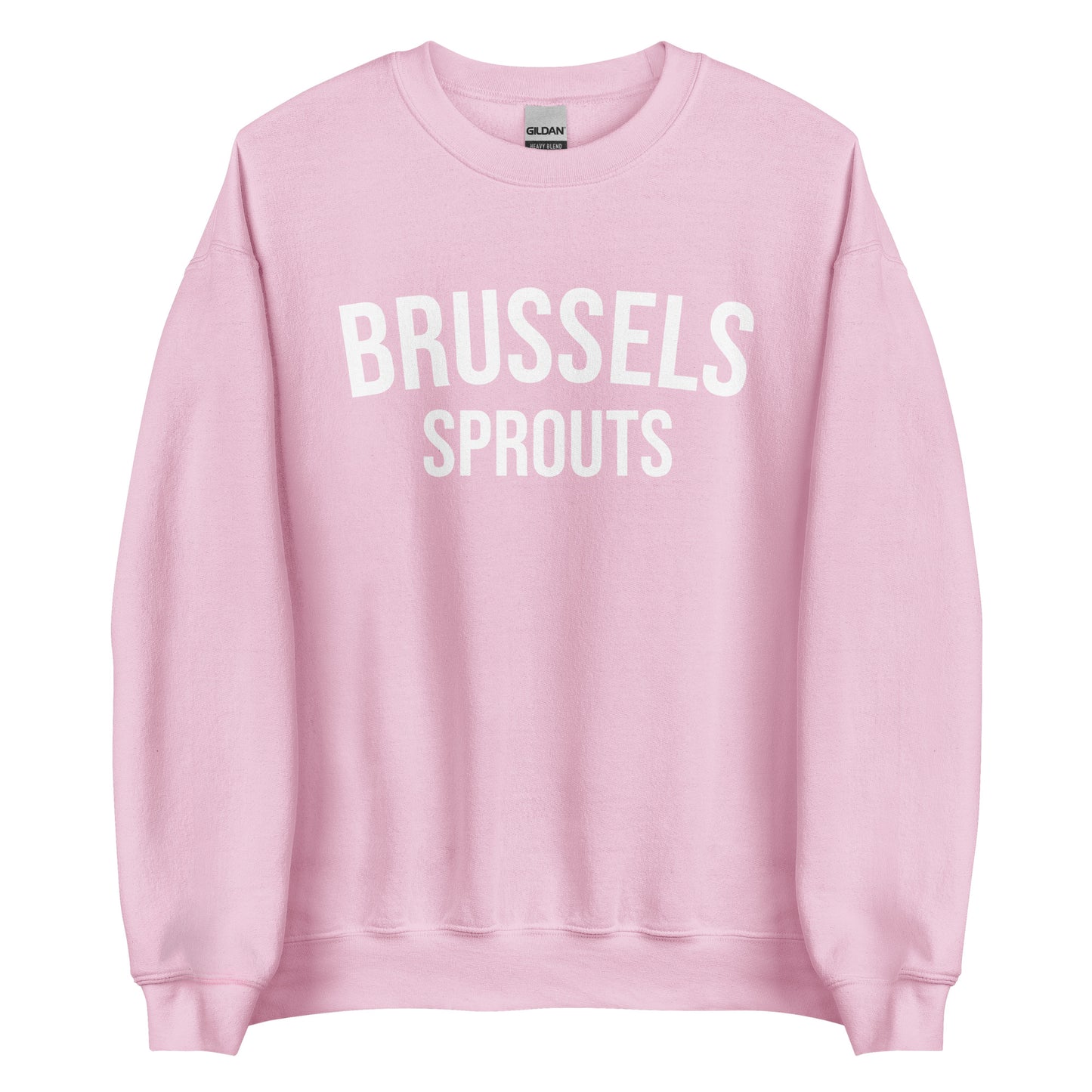 Light Pink Brussels Sprouts Sweatshirt from Nina's Funky Shop by ninanush - Do you love Brussels sprouts? Looking for a funny foodie gift? Our Brussels Sprouts Crewneck Sweatshirt is just what you need. It's a unisex unique sweatshirt with "Brussels Sprouts" on the front. A funny foodie sweatshirt for Brussels Sprouts enthusiasts. This varsity style pickle sweatshirt is designed by Nina.