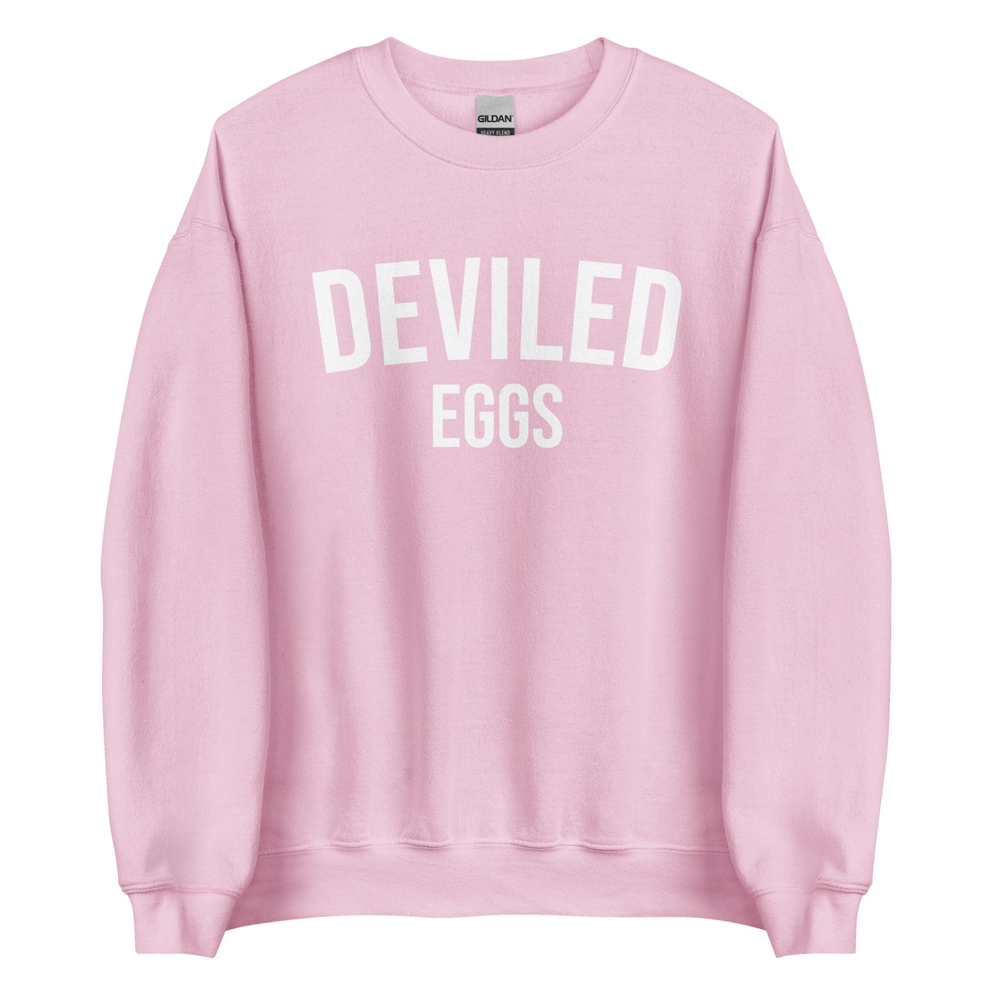 Light Pink Deviled Eggs Sweatshirt from Nina's Funky Shop by ninanush - Do you love deviled eggs? Looking for a funny gift for a friend? Our Deviled Eggs Crewneck Sweatshirt is just what you need. It's a unisex weird foodie sweatshirt with "deviled eggs" on the front. A funny foodie sweatshirt for deviled egg lovers. This funny varsity style sweatshirt is designed by Nina.