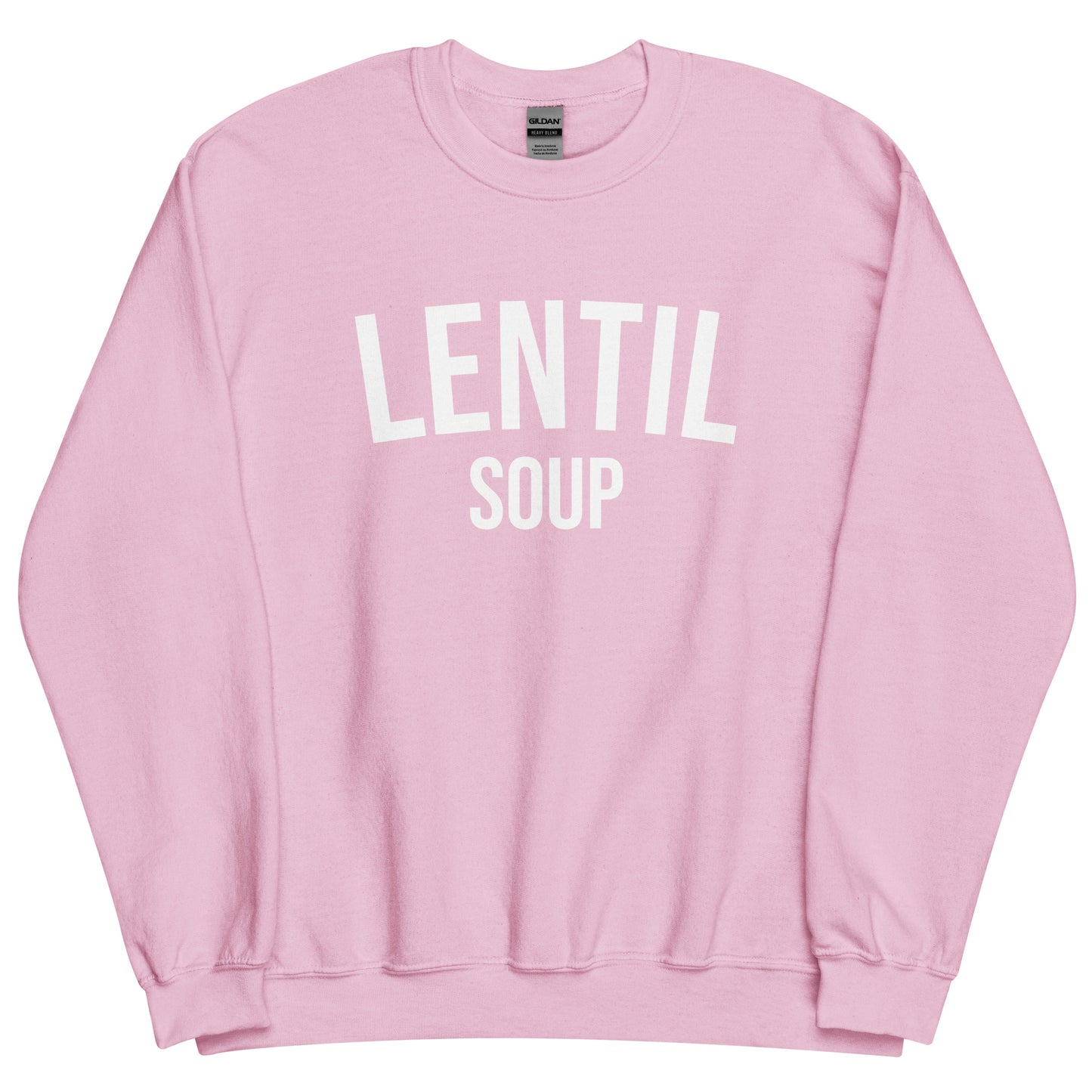 Light Pink Lentil Soup Sweatshirt from Nina's Funky Shop by ninanush - Do you love lentil soup? Looking for a funny gift? Our Lentil Soup Crewneck Sweatshirt is just what you need. It's a unisex soup lover sweatshirt with "lentil soup" on the front. A funny foodie sweatshirt for soup enthusiasts and a quirky sweatshirt foodies of all kinds. This varsity style sweatshirt is designed by Nina and made just for you.