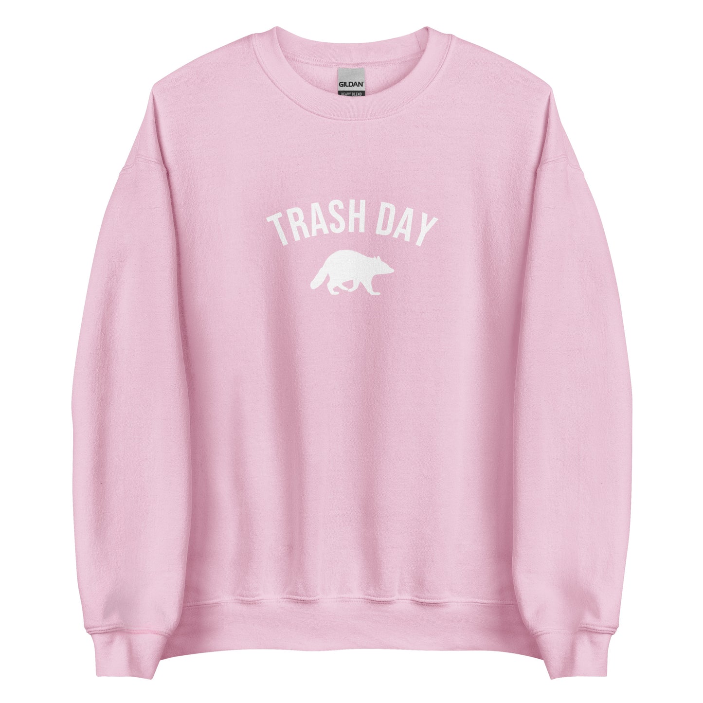 Light Pink Trash Day Raccoon Sweatshirt from Nina's Funky Shop by ninanush - Live every day like it's trash day Do you love raccoons? Looking for a funny gift? Our Trash Day Raccoon Crewneck Sweatshirt is soft, comfortable and just what you need. It's a unisex raccoon sweatshirt that comes in a variety of colors with "trash day" and a raccoon silhouette, expertly printed on the front.