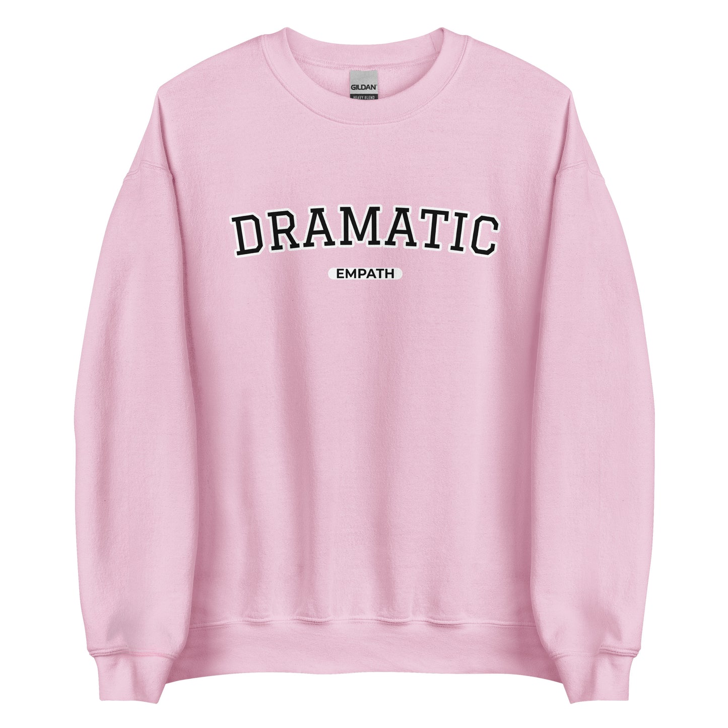 Light Pink Dramatic Empath Sweatshirt from Nina's Funky Shop by ninanush - A little dramatic? Looking for a funny gift for a friend? Our Dramatic Empath Crewneck Sweatshirt is soft, comfortable and just what you need. It's a unisex sweatshirt with "Dramatic Empath", expertly printed on the front. A funny varsity style empath sweatshirt and a quirky sweatshirt for everyday drama queens.