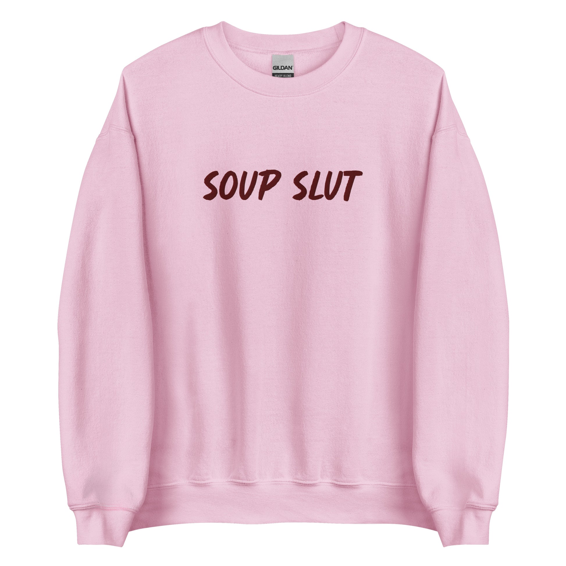 Light Pink Embroidered Soup Slut Sweatshirt from Nina's Funky Shop by ninanush - Do you love soup? Looking for a funny gift? Our Soup Slut Embroidered Crewneck Sweatshirt is just what you need. It's a unisex soup sweatshirt with "soup slut" on the front. A funny foodie sweatshirt for cozy nights in or stand out streetwear for soup enthusiasts. This embroidered soup sweatshirt is made just for you.