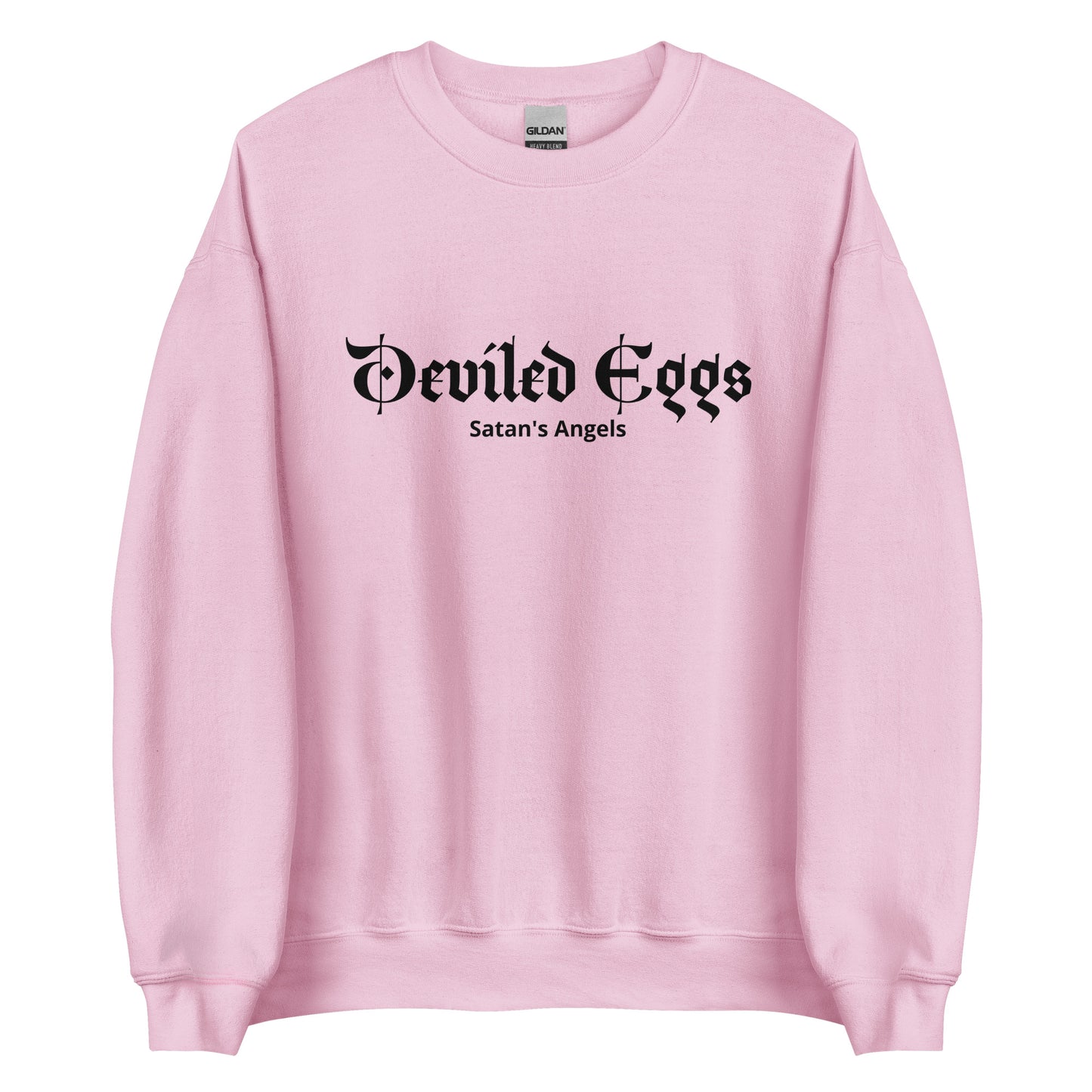 Light Pink Deviled Eggs Crewneck Sweatshirt from Nina's Funky Shop by ninanush - Do you love deviled eggs? Looking for a funny foodie gift? Our Deviled Eggs Crewneck Sweatshirt is soft, comfortable and just what you need. It's a unisex sweatshirt that comes in a variety of colors with "Deviled Eggs Satan's Angels", expertly printed on the front. A funny foodie sweatshirt for deviled egg enthusiasts and a quirky sweatshirt for everyday streetwear.