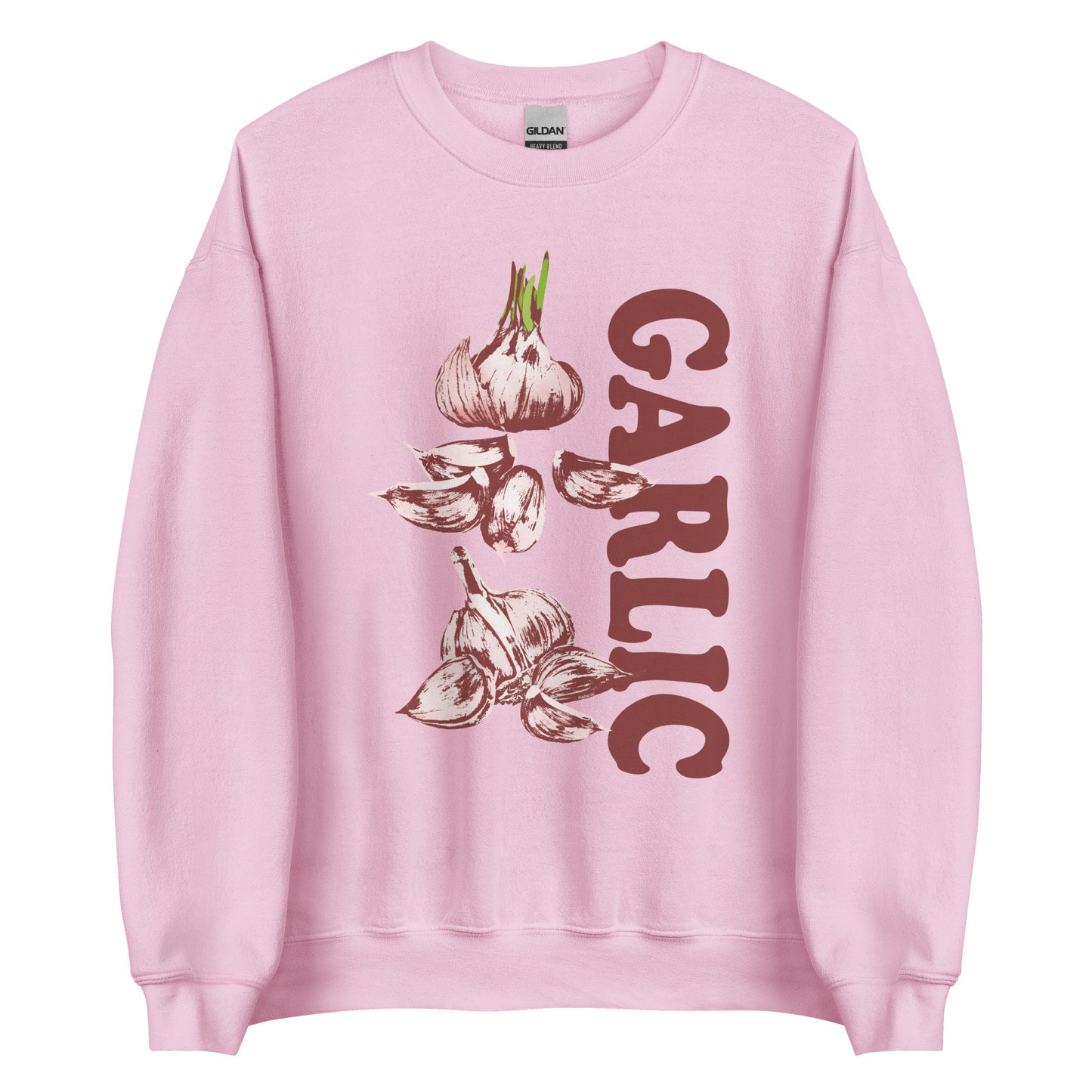 Light Pink Garlic Sweatshirt from Nina's Funky Shop by ninanush - Love garlic? Looking for a funky gift for garlic lovers? Our Garlic Crewneck Sweatshirt is soft, comfortable and just what you need. It's a unisex sweatshirt with a unique, hand drawn garlic design expertly printed on the front. A funny foodie sweatshirt for cozy nights in or stand out streetwear for garlic enthusiasts.