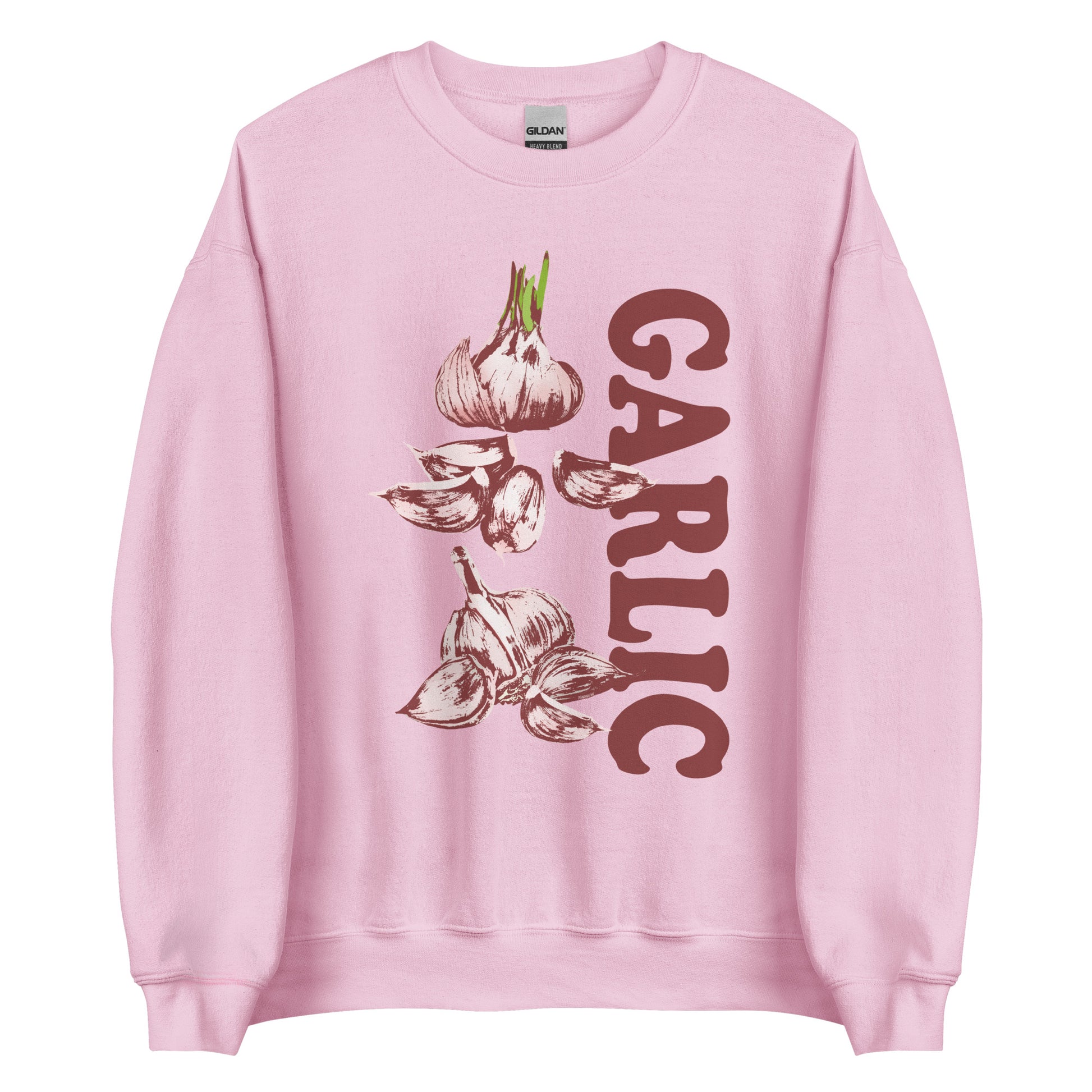 Light Pink Garlic Sweatshirt from Nina's Funky Shop by ninanush - Love garlic? Looking for a funky gift for garlic lovers? Our Garlic Crewneck Sweatshirt is soft, comfortable and just what you need. It's a unisex sweatshirt with a unique, hand drawn garlic design expertly printed on the front. A funny foodie sweatshirt for cozy nights in or stand out streetwear for garlic enthusiasts.