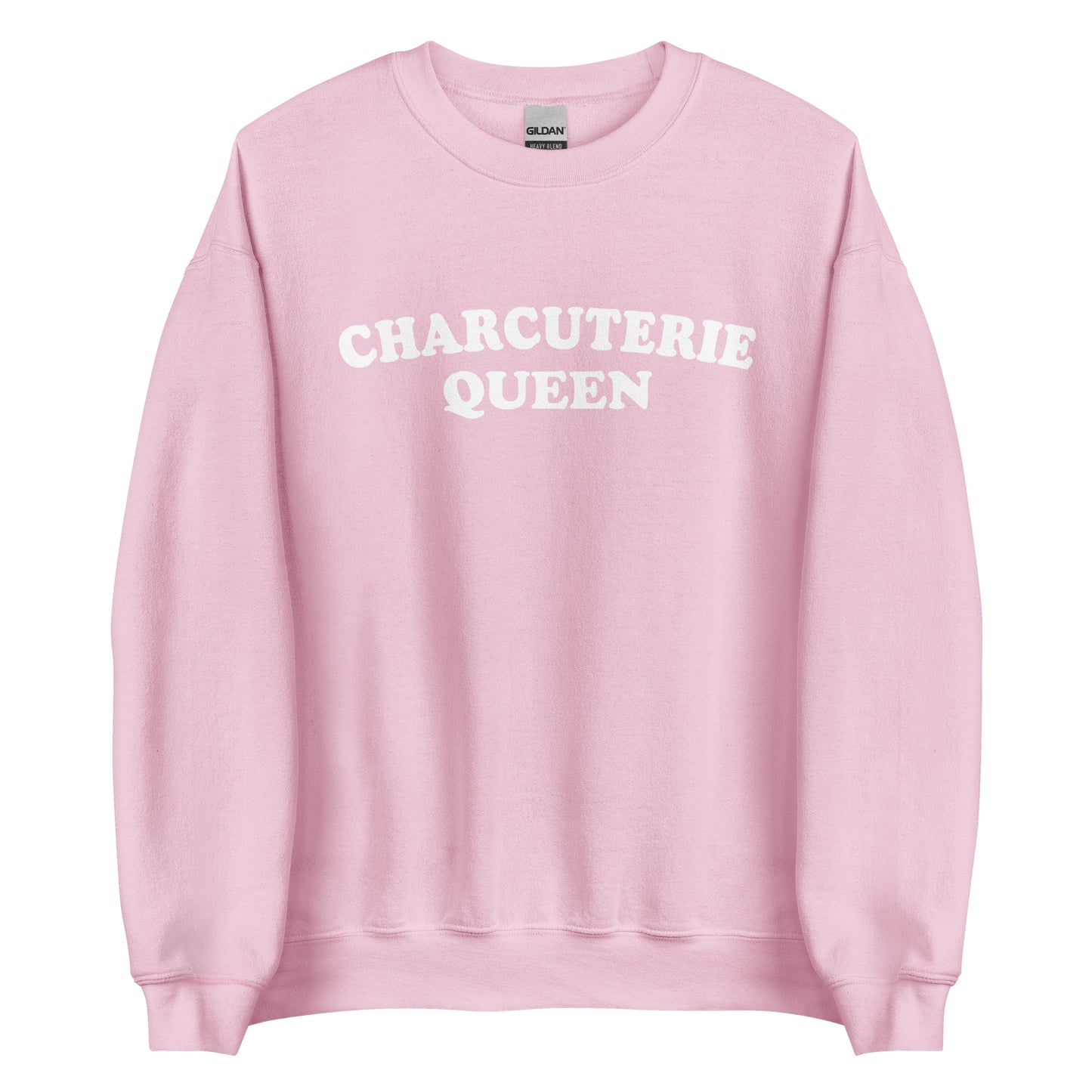 Pink Charcuterie Queen Crewneck Sweatshirt from Nina's Funky Shop - Love charcuterie? Looking for a funny gift for a charcuterie enthusiast? Our Charcuterie Queen Crewneck Sweatshirt is just what you need. It's a unisex sweatshirt that comes in a variety of colors with "Charcuterie Queen", expertly printed on the front. The perfect funny college style sweatshirt for charcuterie lovers.