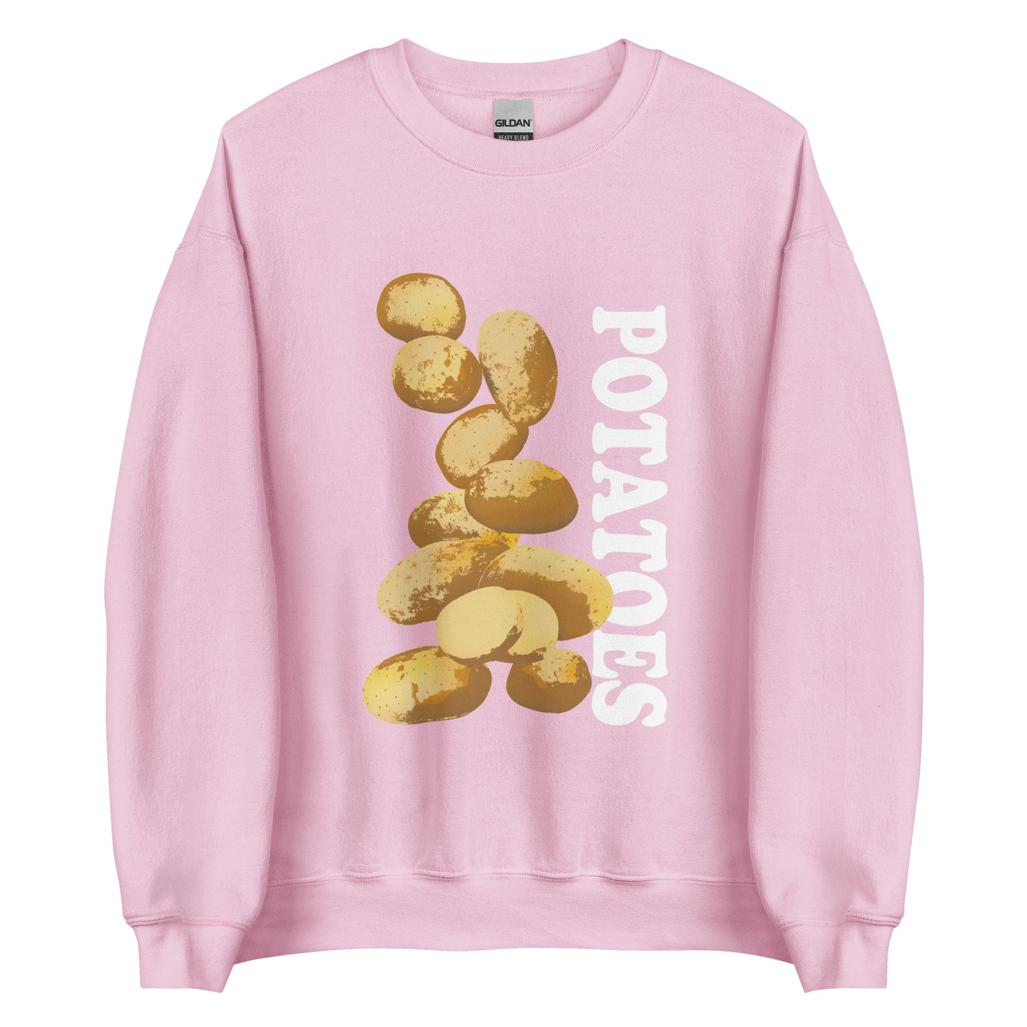 Light Pink  sweatshirt with potatoes design - Love Potatoes? Looking for a unique gift for a fellow potato enthusiast? This unisex sweatshirt is warm, super soft and cozy, and made just for you. It comes in a variety of colors with a hand drawn potatoes design by Nina, expertly printed on the front.