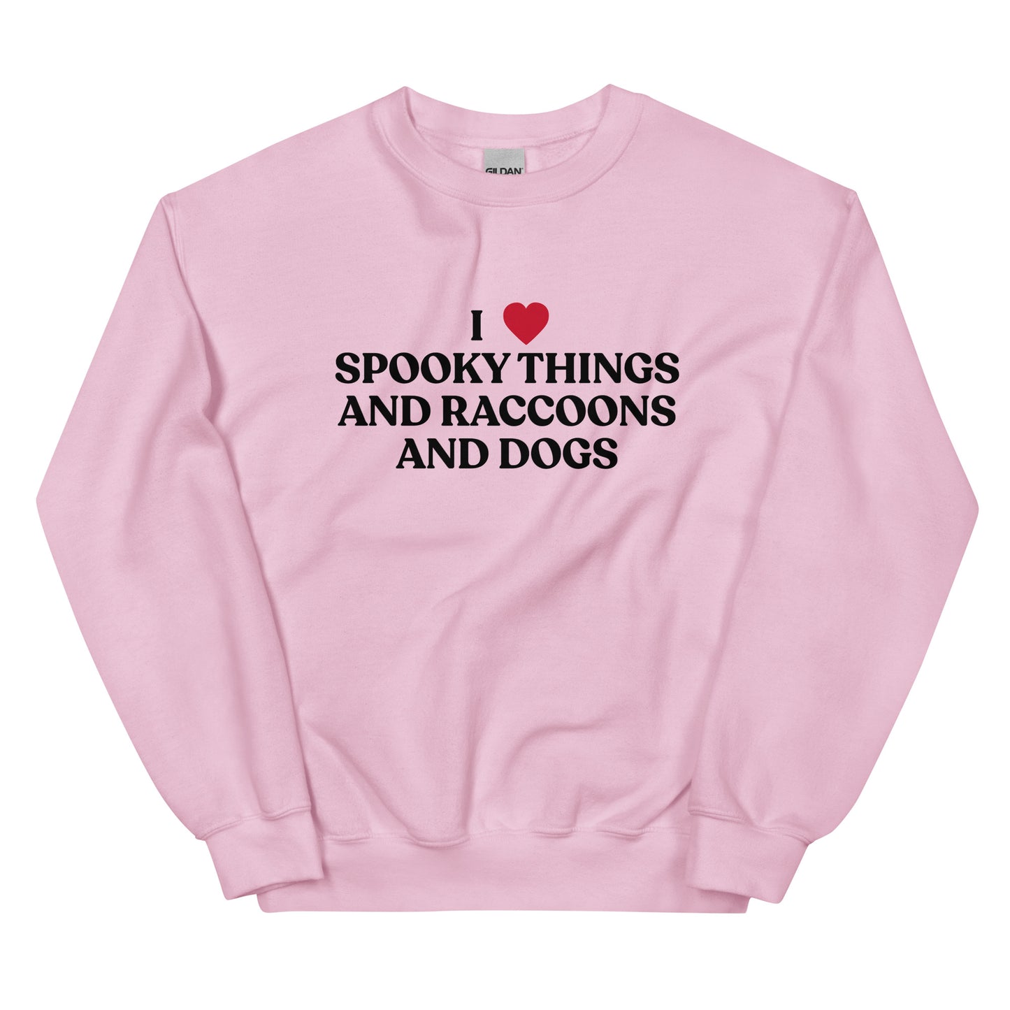 Pink Halloween Sweatshirt - Our I Heart Spooky Things Raccoons and Dogs Sweatshirt is super soft and cozy. It comes in a variety of colors with a funny spooky season saying, expertly printed on the front. Make a statement in this funny Halloween crewneck sweatshirt.