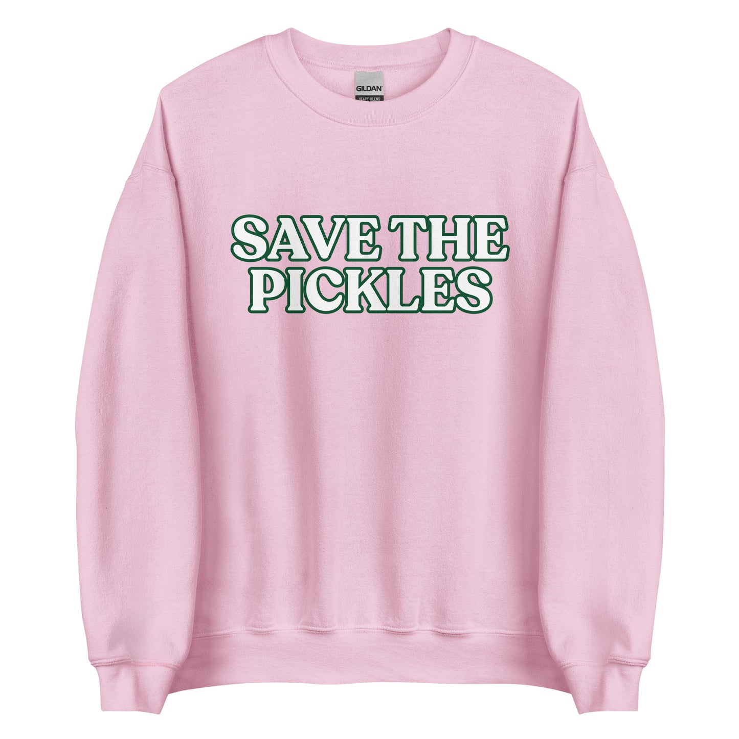 Light Pink Save The Pickles Sweatshirt - Love pickles? Looking for a gift for a pickle lover? Our Save The Pickles Crewneck Sweatshirt might be just what you need! It's a soft and cozy sweatshirt with a pickle design, made just for you.