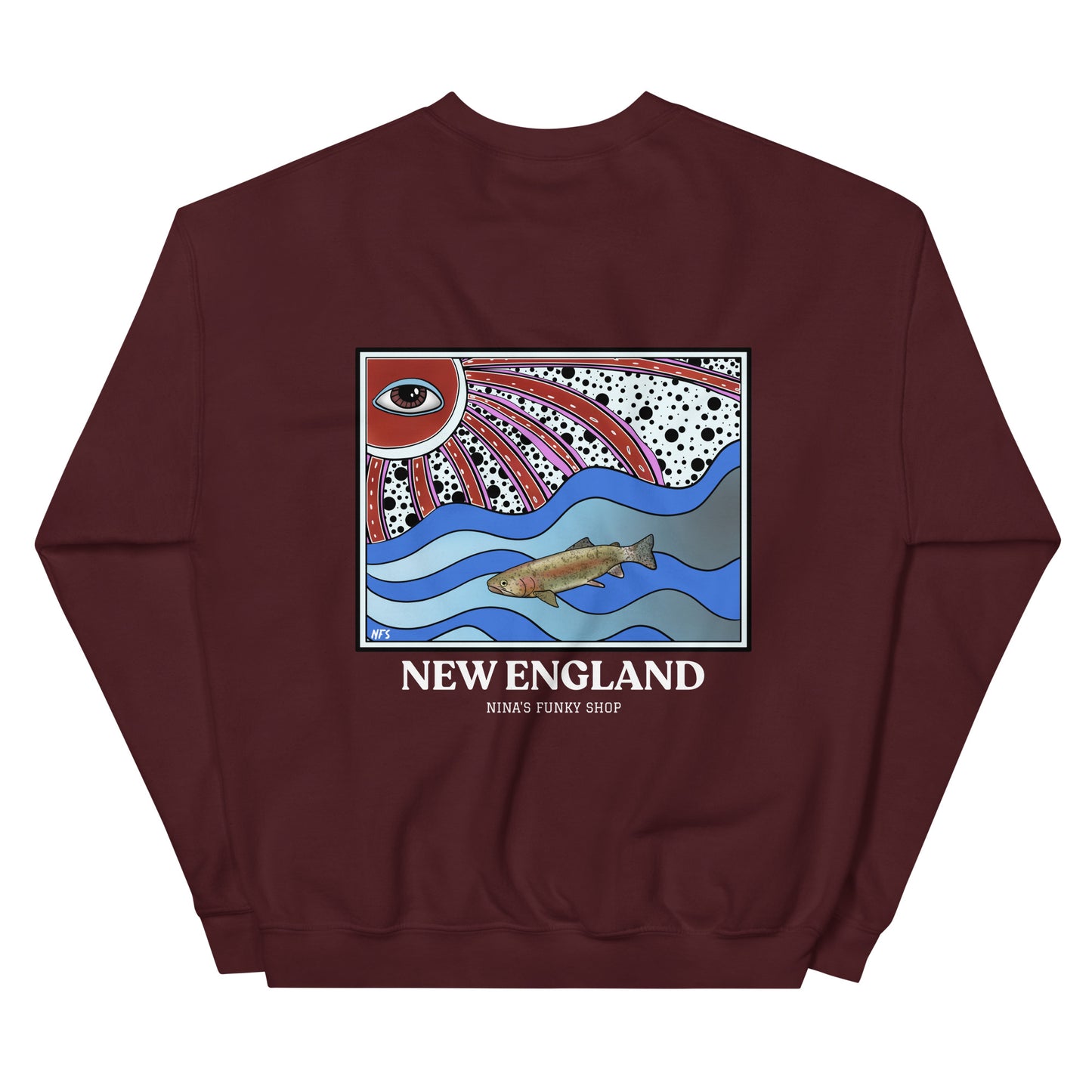 Maroon New England Rainbow Trout Sweatshirt - This funky rainbow trout crewneck sweatshirt is unique and expertly printed just for you. It's a soft and cozy sweatshirt, perfect for everyday streetwear or a gift for a New Englander.