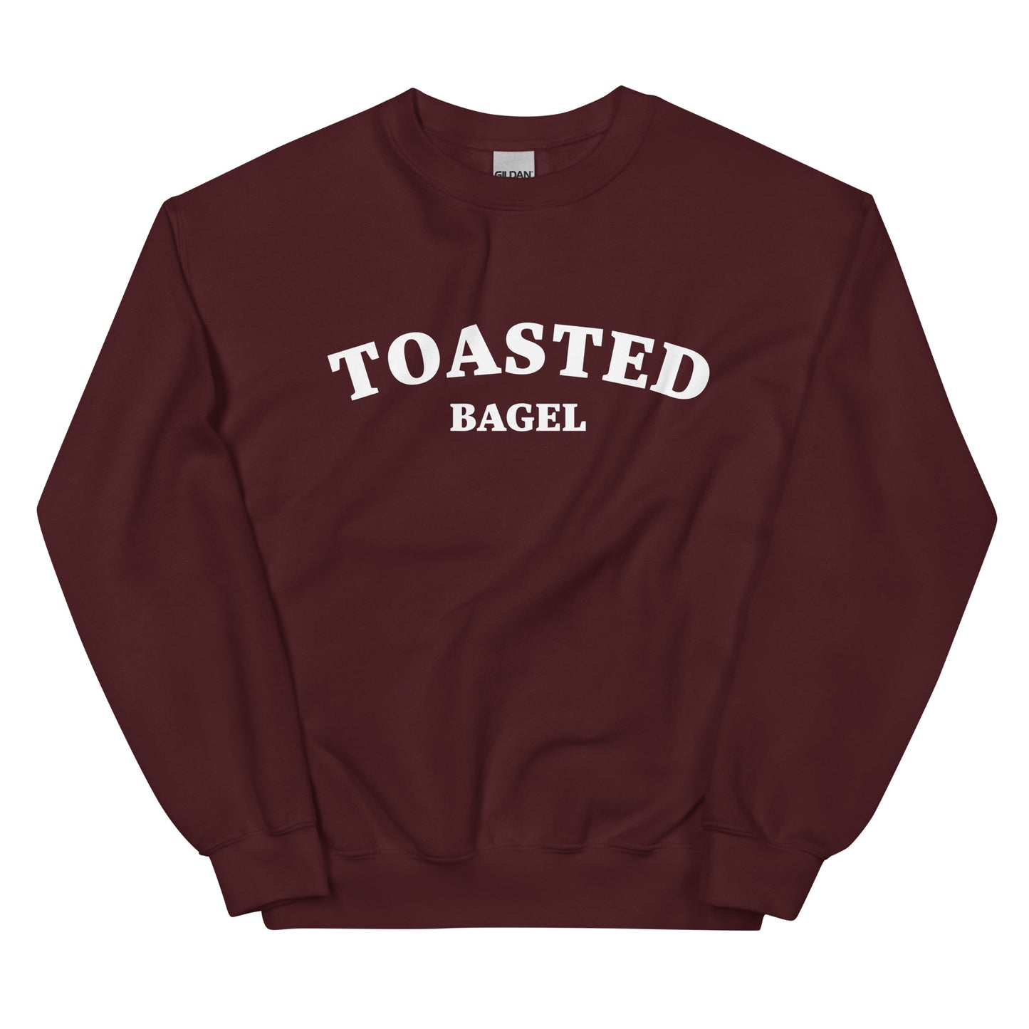 Maroon bagel lover sweatshirt for toasted bagel addicts - A colorful toasted bagel sweatshirt for bagel lovers. It's soft, comfortable, designed for bagel aficionados and made just for you. Eat your favorite bagel in this funny food sweatshirt. This quirky design is eye-catching and sure to turn heads. It's the perfect funny sweatshirt for bagel enthusiasts and foodies of all kinds.  