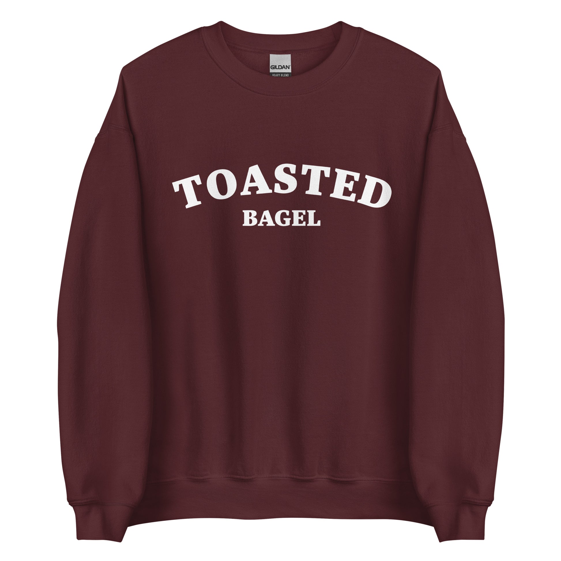 Maroon toasted bagel shirt for foodies and bagel lovers - A colorful toasted bagel sweatshirt for bagel lovers. It's soft, comfortable, designed for bagel aficionados and made just for you. Eat your favorite bagel in this funny food sweatshirt. This quirky design is eye-catching and sure to turn heads. It's the perfect funny sweatshirt for bagel enthusiasts and foodies of all kinds.  