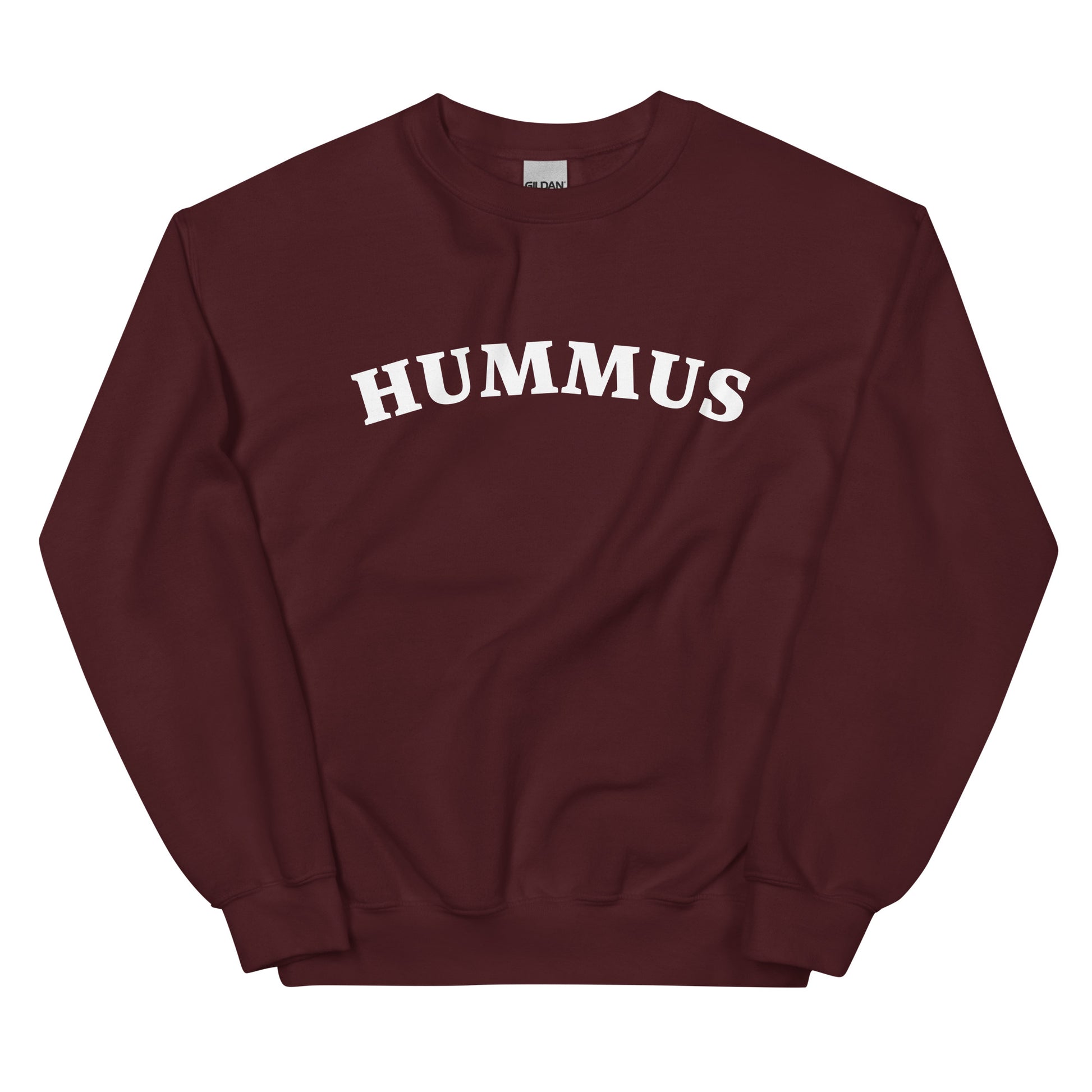 Maroon hummus sweatshirt - A hummus sweatshirt for foodies and chickpea lovers. This unique crew neck sweatshirt is designed for hummus enthusiasts and made just for you. It's a colorful hummus lover sweatshirt that stands out and makes a statement. A funny gift for hummus lovers or a quirky sweatshirt for everyday funny foodie streetwear. 