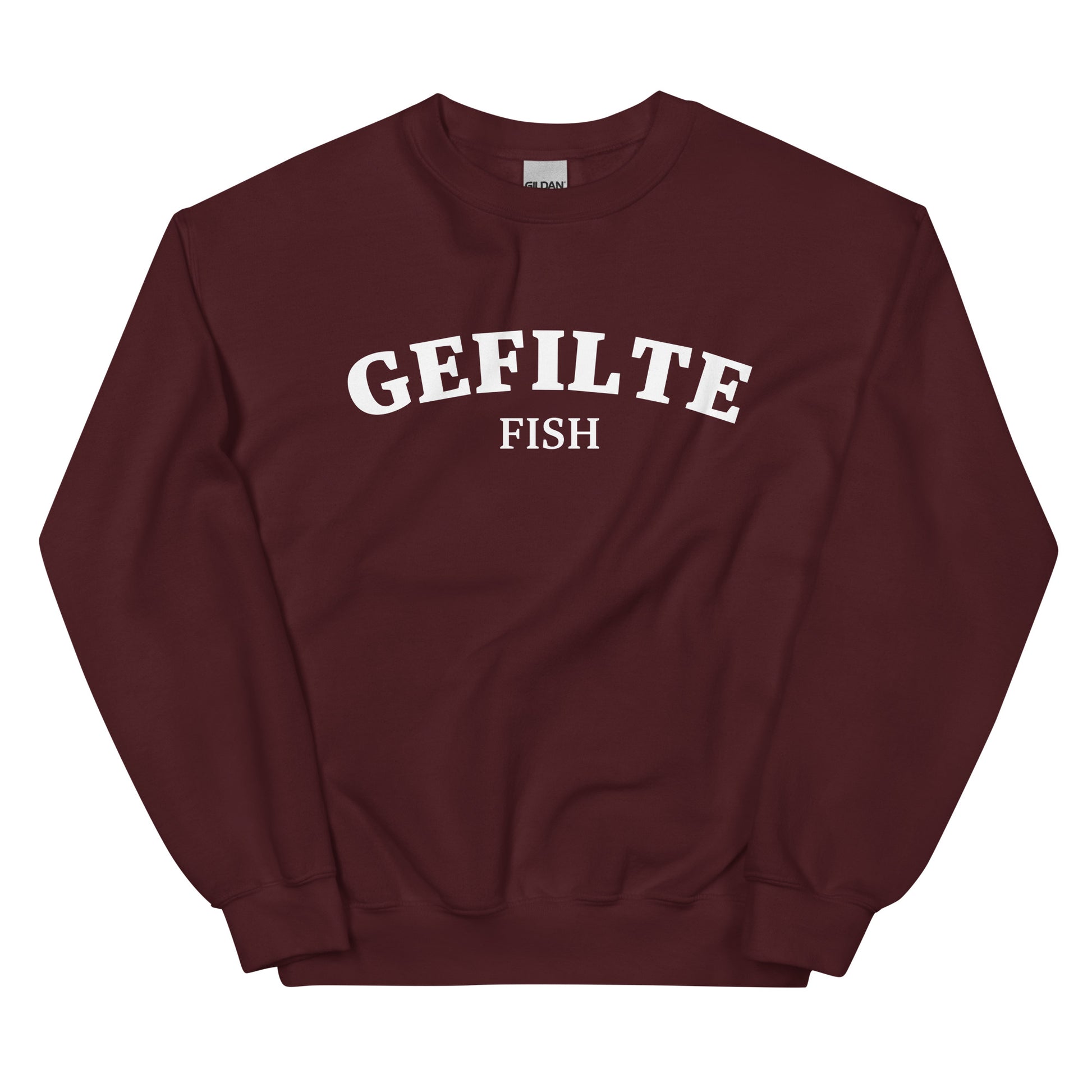 Maroon gefilte fish sweatshirt unisex - Make a statement in this gefilte fish sweatshirt. It's a funny Jewish food sweatshirt that is soft, comfortable and sure to turn heads. Eat gefilte fish in style in this unusual foodie crew neck sweatshirt. What is gefilte fish? Gefilte fish is an Ashkenazi Jewish dish that is often served during celebrations and holidays.