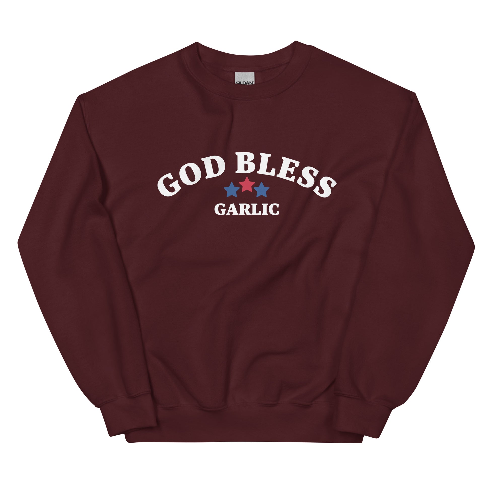 Maroon red, white and blue garlic lover sweatshirt - This sarcastic foodie sweatshirt is made for garlic enthusiasts! It's a classic crew neck garlic lover sweatshirt with the words "God Bless Garlic" on the front. Designed for food lovers, this funny food sweatshirt is perfect for cozy nights, 4th of July BBQs, or a funny gift for garlic lovers and foodies of all kinds.