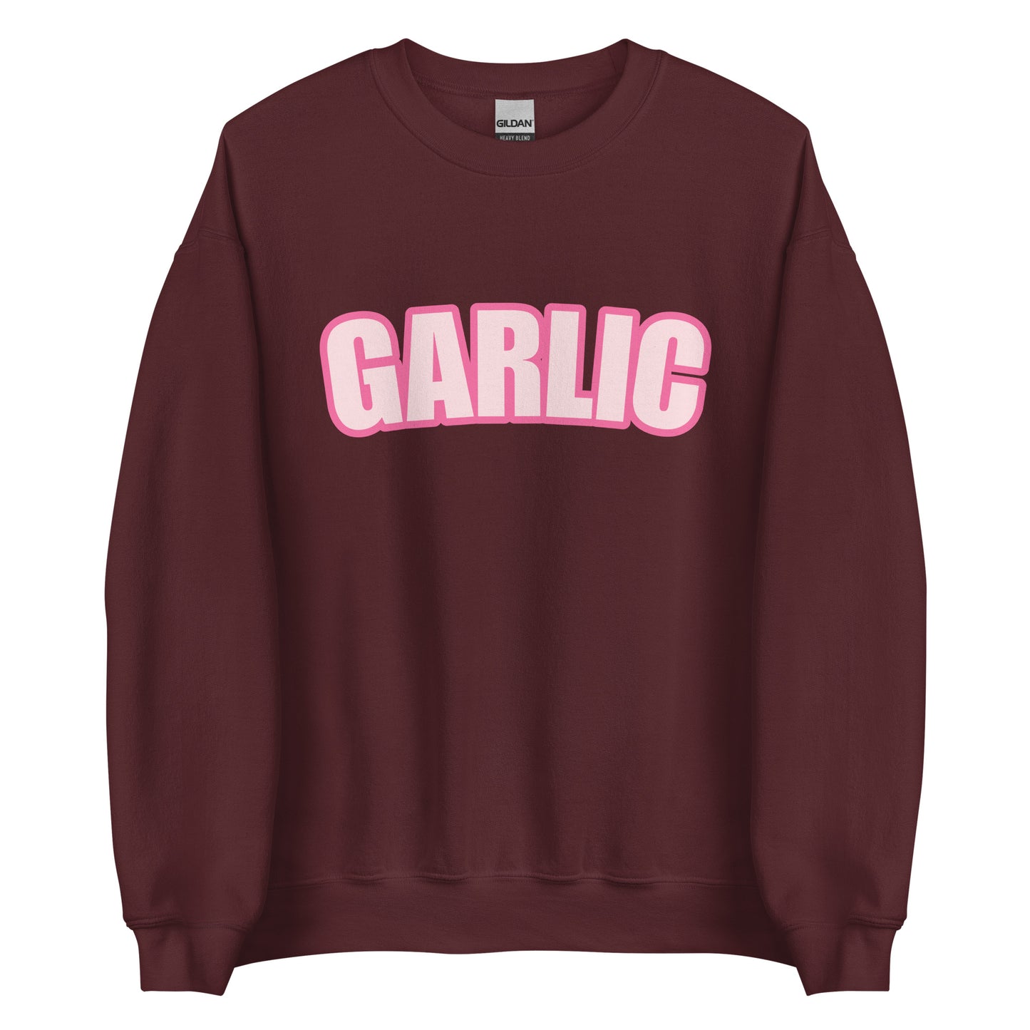 Maroon Garlic Sweatshirt from Nina's Funky Shop by ninanush - Our Pink Garlic Sweatshirt is a perfect funny foodie sweatshirt for garlic lovers. It's a unisex, crew neck sweatshirt with the word "Garlic", expertly printed on the front. Perfect for cozy nights in or stand out streetwear for foodies, this garlic enthusiast sweatshirt is designed by Nina and made just for you.