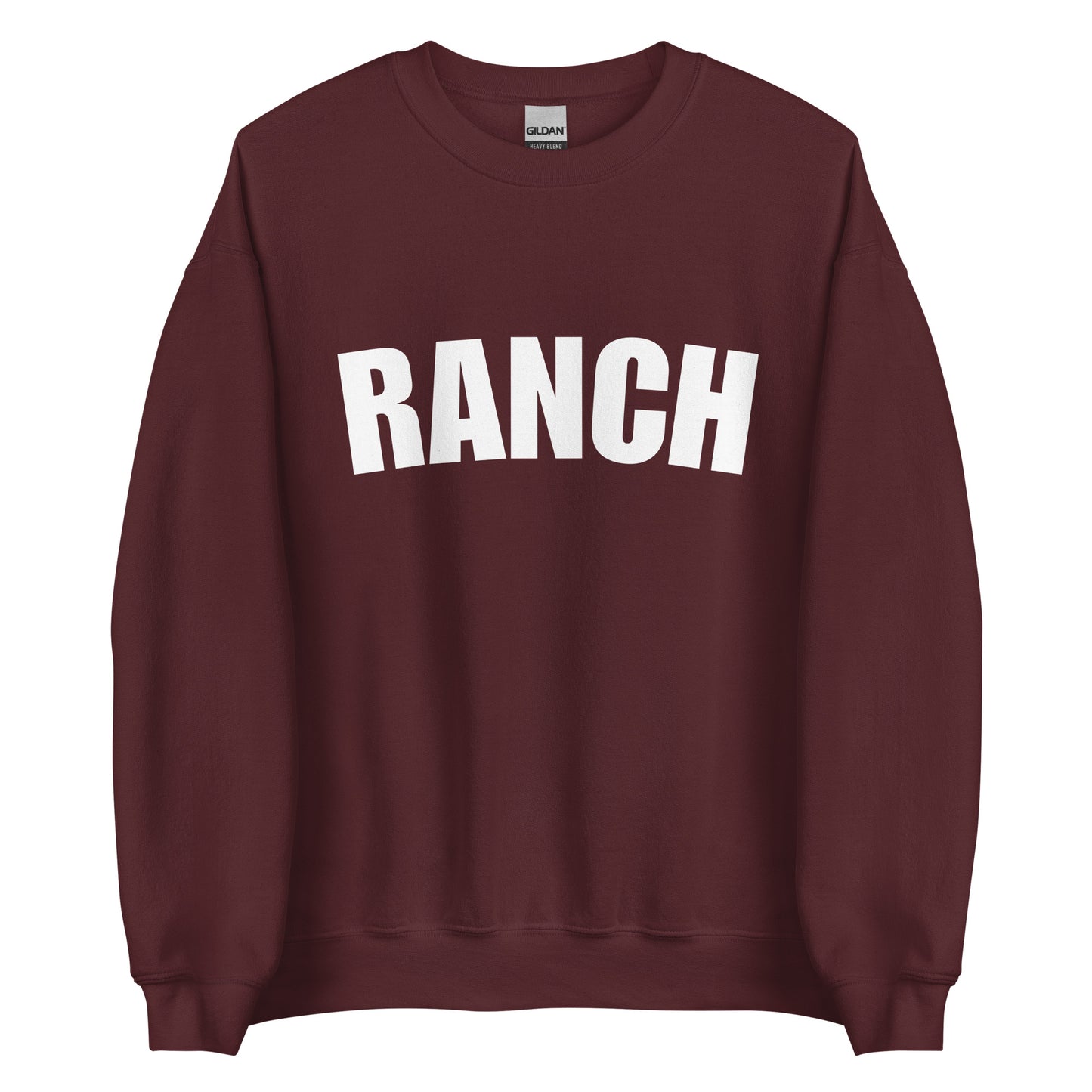 Maroon Ranch Sweatshirt from Nina's Funky Shop by ninanush - Do you love ranch? This funny foodie sweatshirt for ranch lovers was made just for you. It's a unisex, crew neck sweatshirt with the word "Ranch", expertly printed on the front. Perfect for cozy nights in or colorful and bold stand out streetwear for foodies, this ranch enthusiast sweatshirt is designed by Nina.