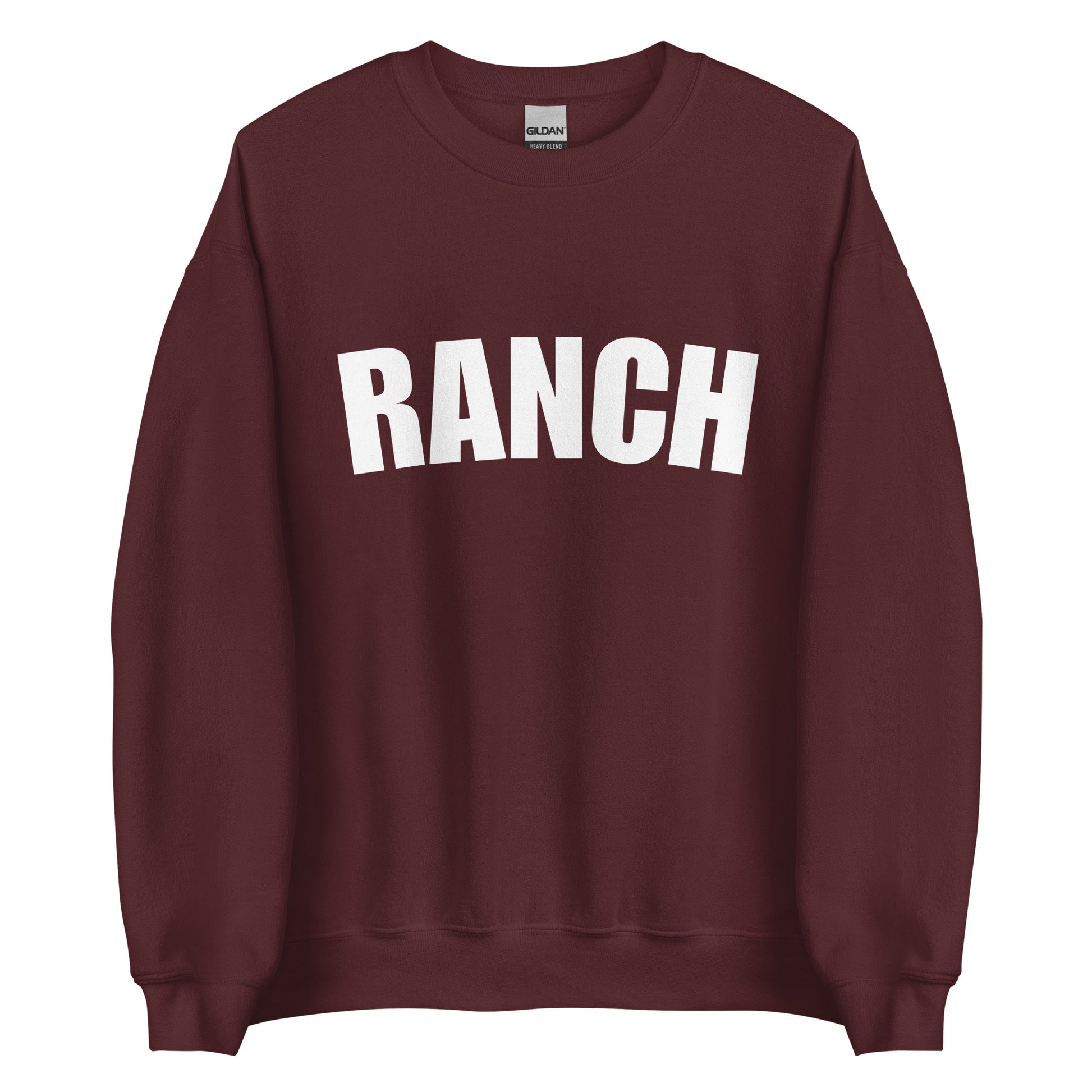 Maroon Ranch Sweatshirt from Nina's Funky Shop by ninanush - Do you love ranch? This funny foodie sweatshirt for ranch lovers was made just for you. It's a unisex, crew neck sweatshirt with the word "Ranch", expertly printed on the front. Perfect for cozy nights in or colorful and bold stand out streetwear for foodies, this ranch enthusiast sweatshirt is designed by Nina.