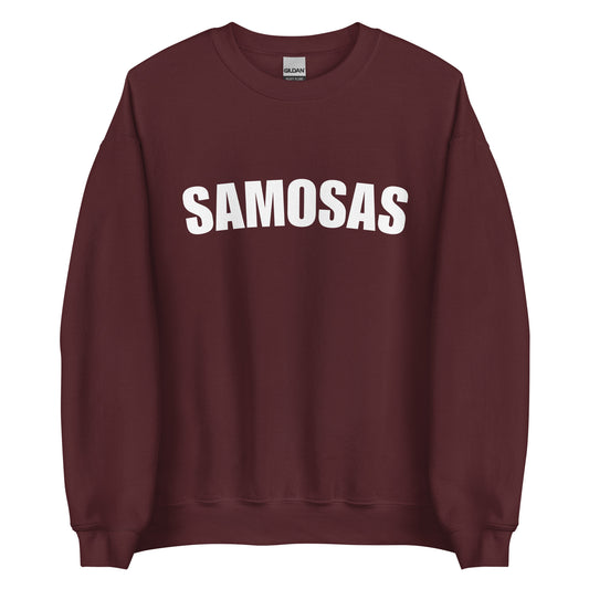 Maroon Samosa Sweatshirt from Nina's Funky Shop by ninanush - Love samosas? Looking for a fun foodie gift? Our Samosa Sweatshirt is just what you need. Perfect for Indian cuisine lovers and foodies of all kinds, this sweatshirt has "Samosa", expertly printed on the front. A crewneck college-style foodie sweatshirt for Indian food enthusiasts and samosa lovers like you.