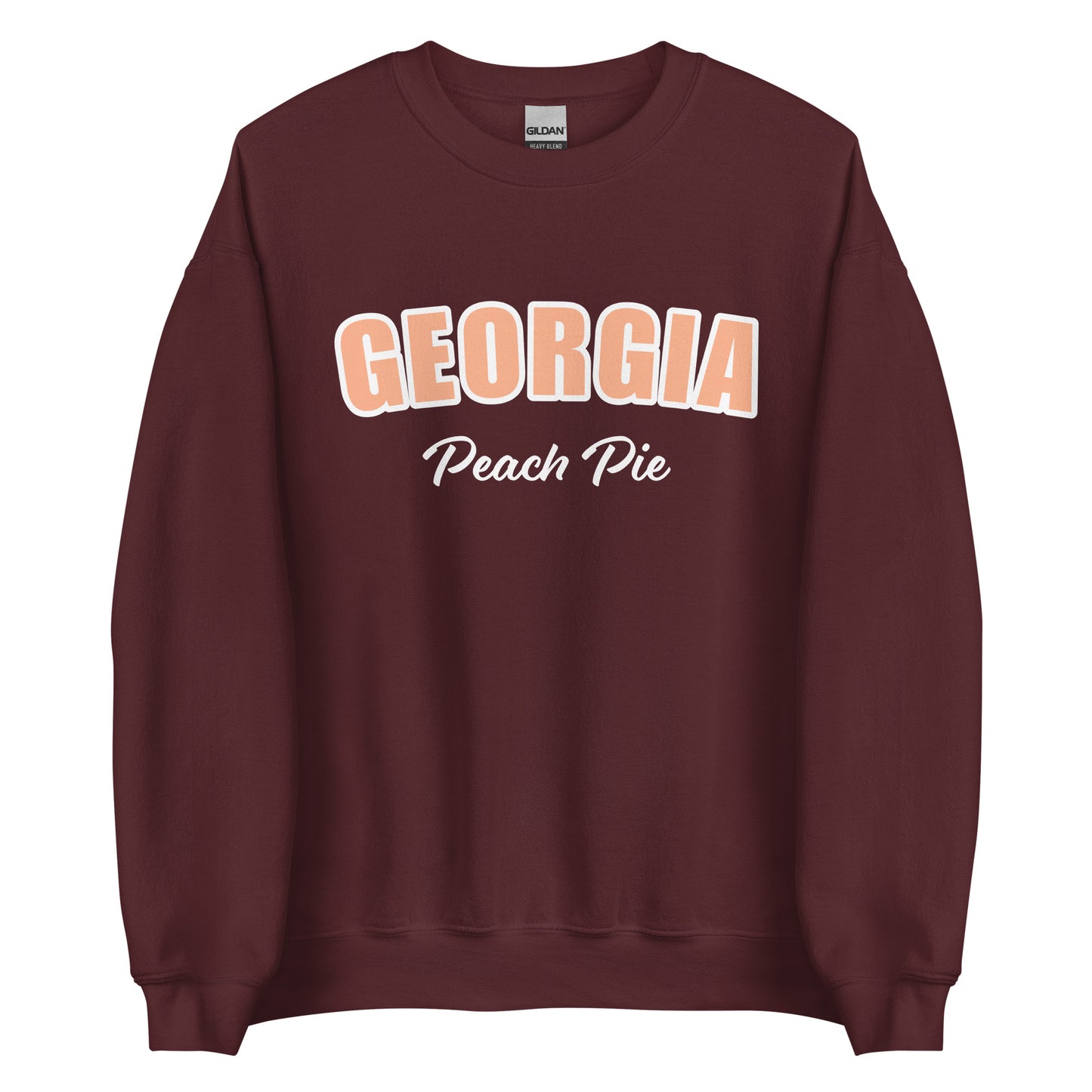 Maroon Georgia Peach Pie Sweatshirt from Nina's Funky Shop by ninanush - Do you love peach pie? Our Georgia Peach Pie Sweatshirt is just what you need. It's a funny foodie sweatshirt for peach pie lovers like you. This unisex, crew neck sweatshirt comes in a variety of colors with the words "Georgia Peach Pie", expertly printed on the front. The perfect Sweatshirt for peach pie enthusiasts.