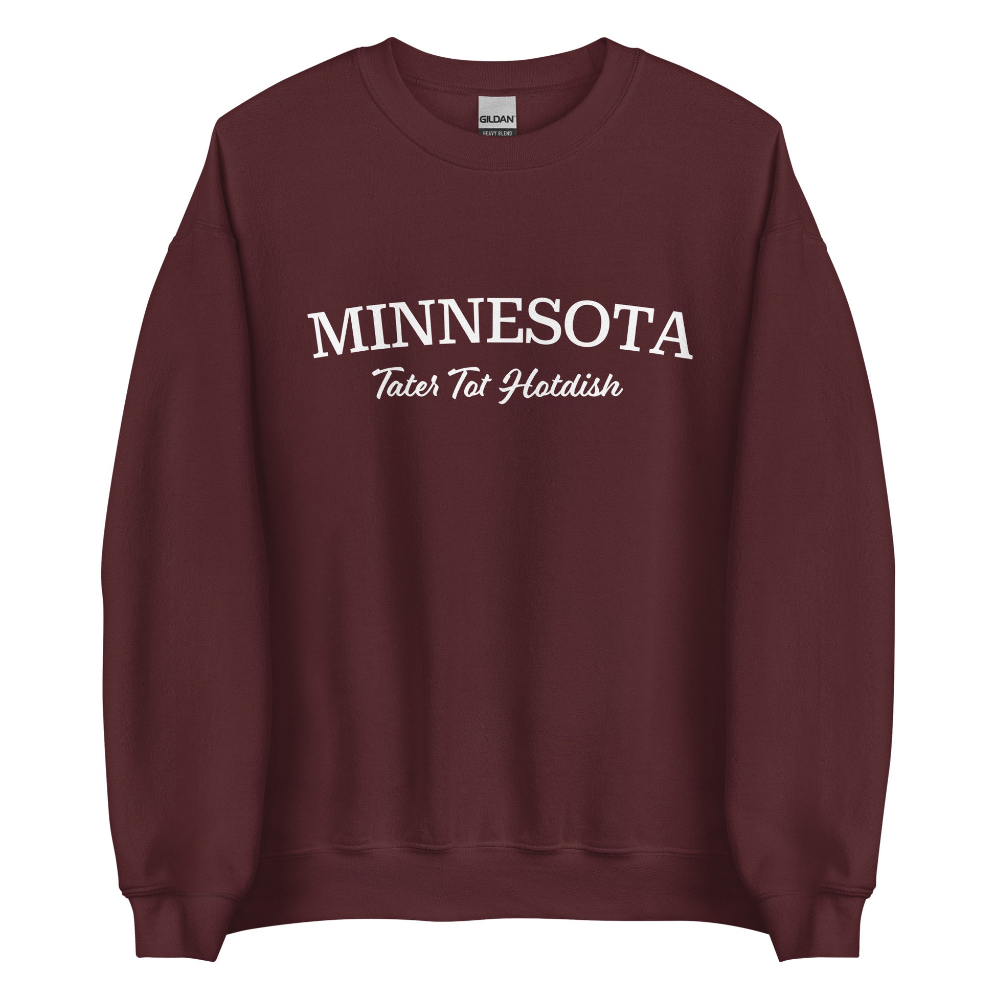 Maroon best MN Tater Tot Hotdish sweatshirt from Nina's Funky Shop by ninanush - Love Tater Tot Hotdish? Looking for a funny Minnesota gift? Introducing our Minnesota Tater Tot Hotdish Sweatshirt! It's a Midwestern foodie sweatshirt with "Minnesota" and the unofficial MN state food "Tater Tot Hotdish" on the front. Perfect for cozy nights in or a statement sweatshirt for tater tot hotdish lovers.